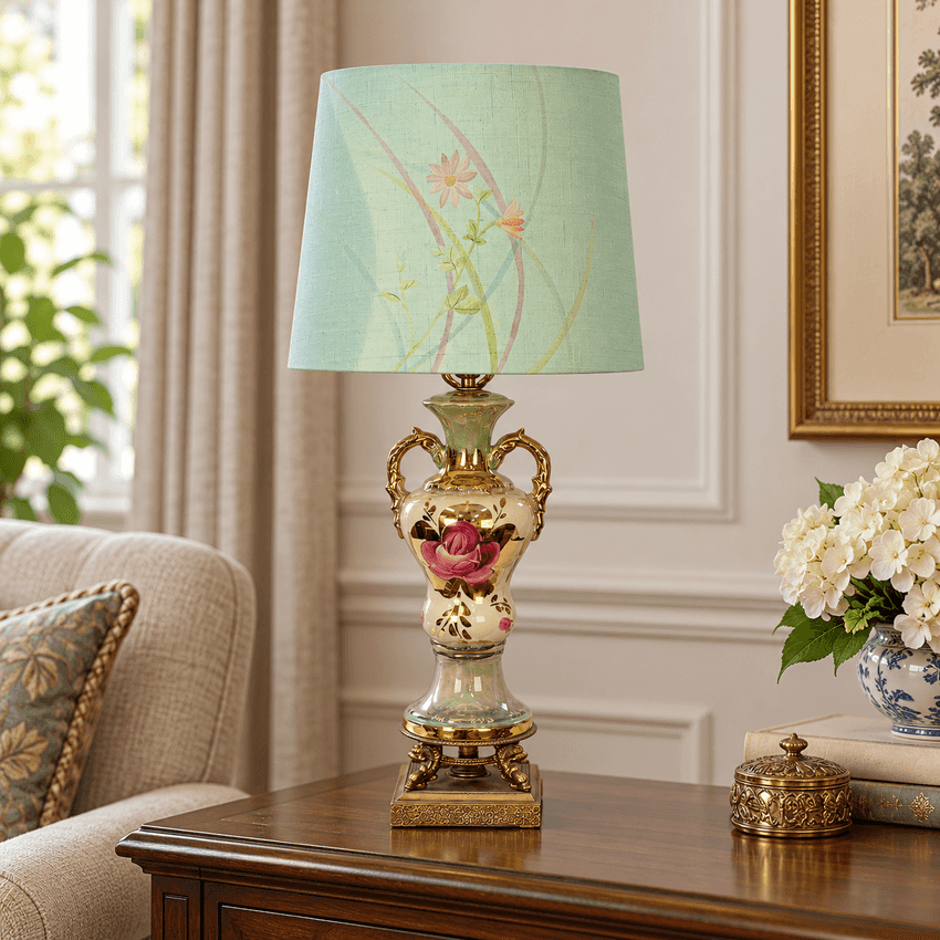Vintage Green Floral Urn Table Lamp with Gold Accents | Hollywood Regency Ceramic Lamp | Ornate Double Handle Vase Lamp