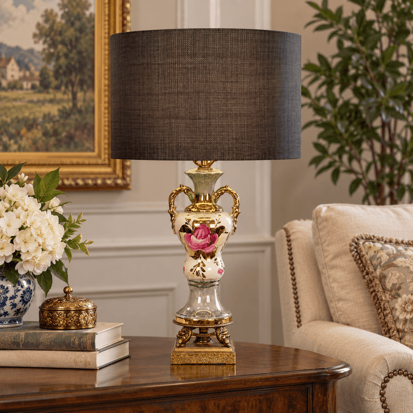 Vintage Green Floral Urn Table Lamp with Gold Accents | Hollywood Regency Ceramic Lamp | Ornate Double Handle Vase Lamp