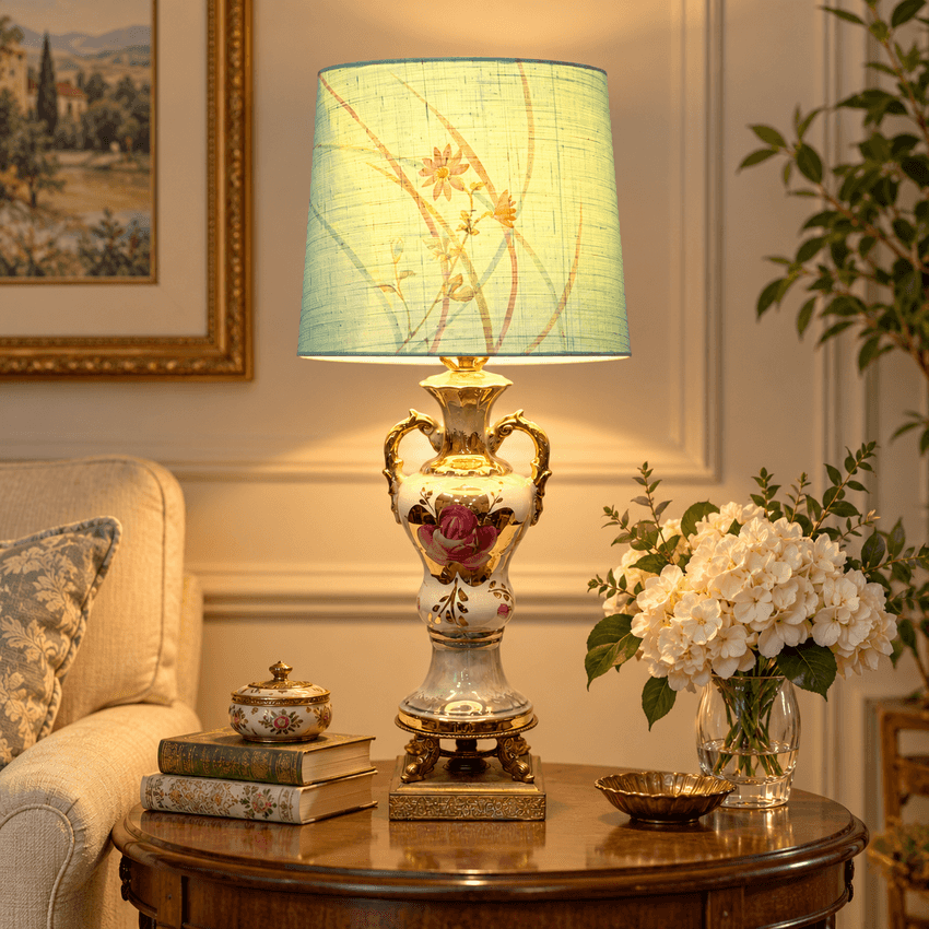 Vintage Green Floral Urn Table Lamp with Gold Accents | Hollywood Regency Ceramic Lamp | Ornate Double Handle Vase Lamp