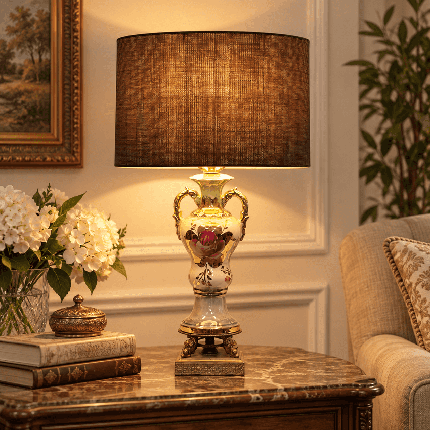 Vintage Green Floral Urn Table Lamp with Gold Accents | Hollywood Regency Ceramic Lamp | Ornate Double Handle Vase Lamp