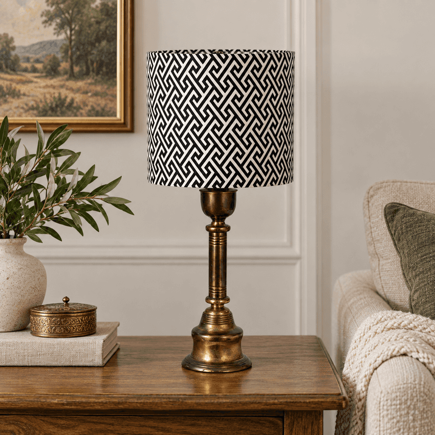 Handmade Japanese Yukata Fabric Drum Lampshade, Navy and White Geometric Pattern, Custom Size 6–16 Inches