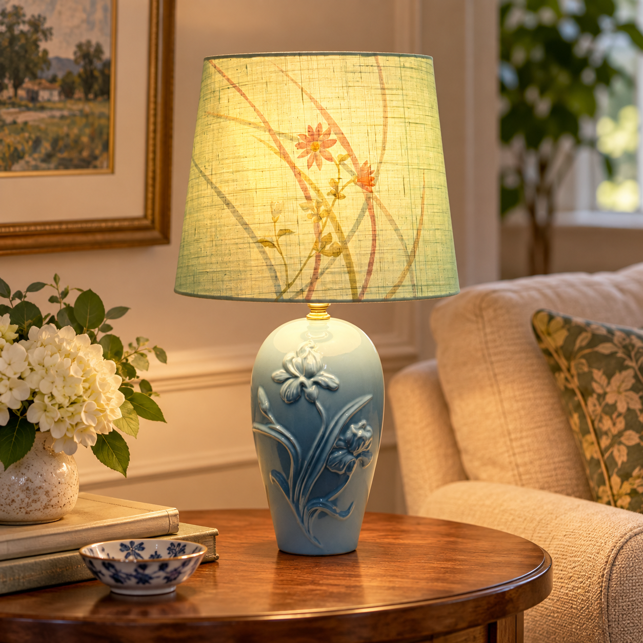 Japanese Silk Drum Lampshade | Light Green Tsukesage Kimono Fabric Shade | Handmade Japanese Textile Lamp Shade | Custom Sizes