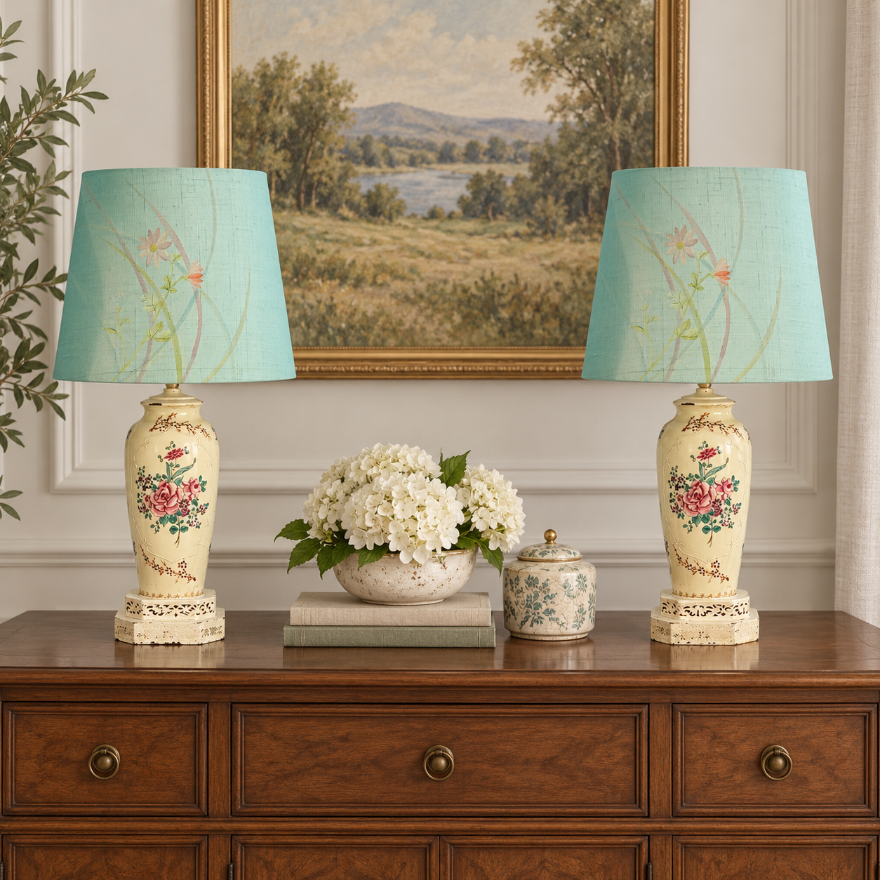 Japanese Silk Drum Lampshade | Light Green Tsukesage Kimono Fabric Shade | Handmade Japanese Textile Lamp Shade | Custom Sizes