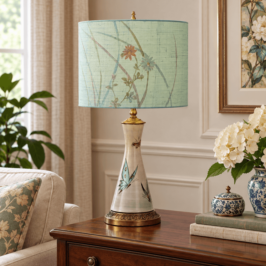 Japanese Silk Drum Lampshade | Light Green Tsukesage Kimono Fabric Shade | Handmade Japanese Textile Lamp Shade | Custom Sizes