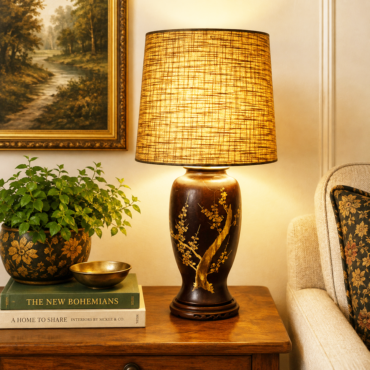 Vintage Hand Painted Ceramic Table Lamp | Asian Inspired Blossom Lamp | Dual Socket Table Lamp | Wood Base | Vintage Lighting