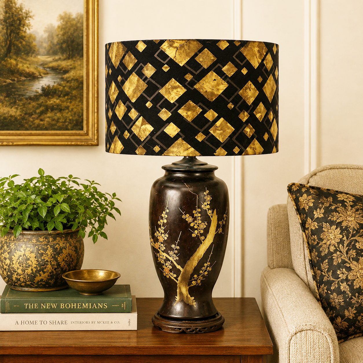 Vintage Hand Painted Ceramic Table Lamp | Asian Inspired Blossom Lamp | Dual Socket Table Lamp | Wood Base | Vintage Lighting