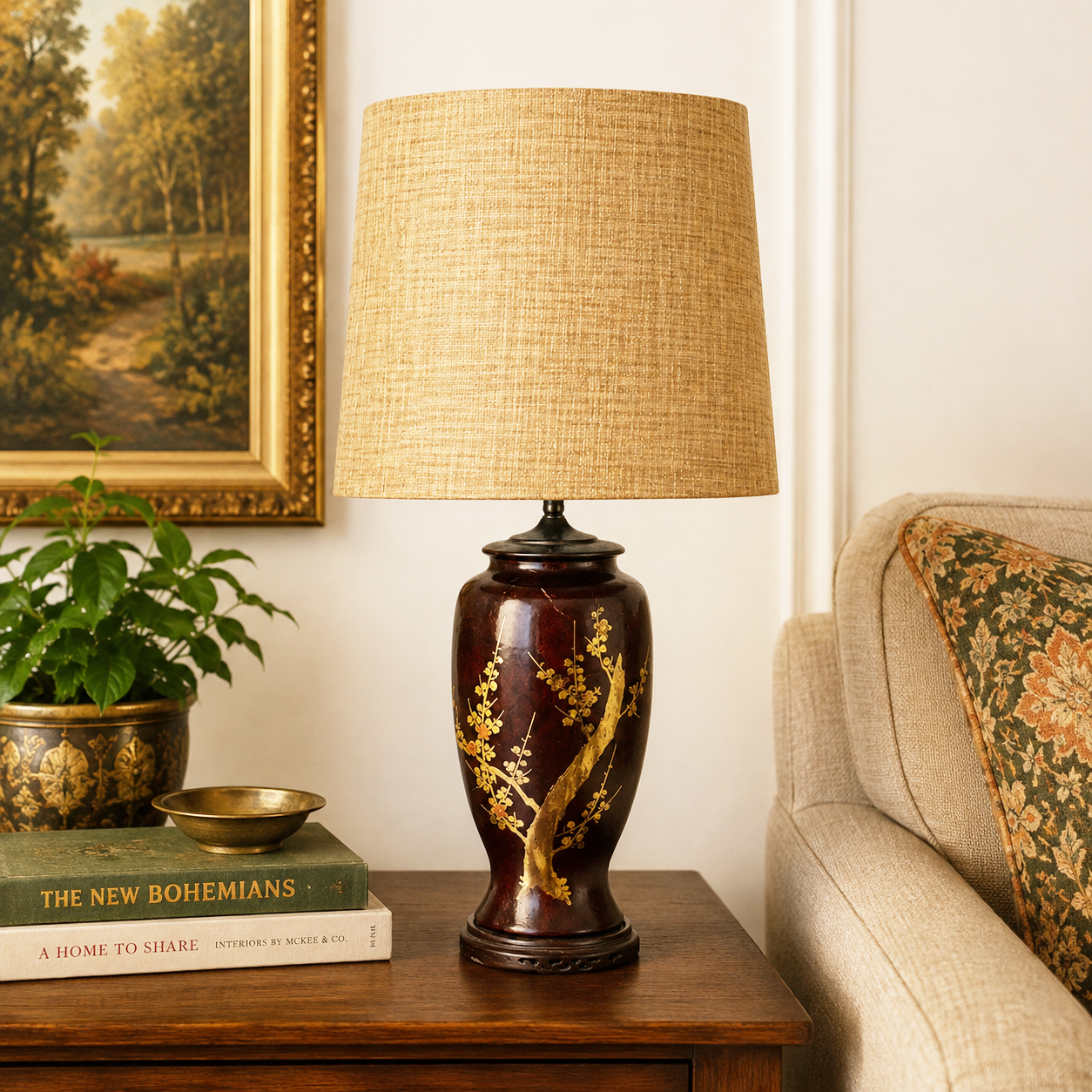 Vintage Hand Painted Ceramic Table Lamp | Asian Inspired Blossom Lamp | Dual Socket Table Lamp | Wood Base | Vintage Lighting