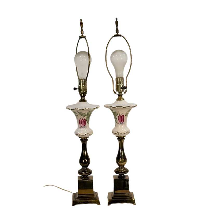 Vintage Chilean Bell Flower Table Lamps Pair with Original Fiberglass Shades | 28” Floral Lamps