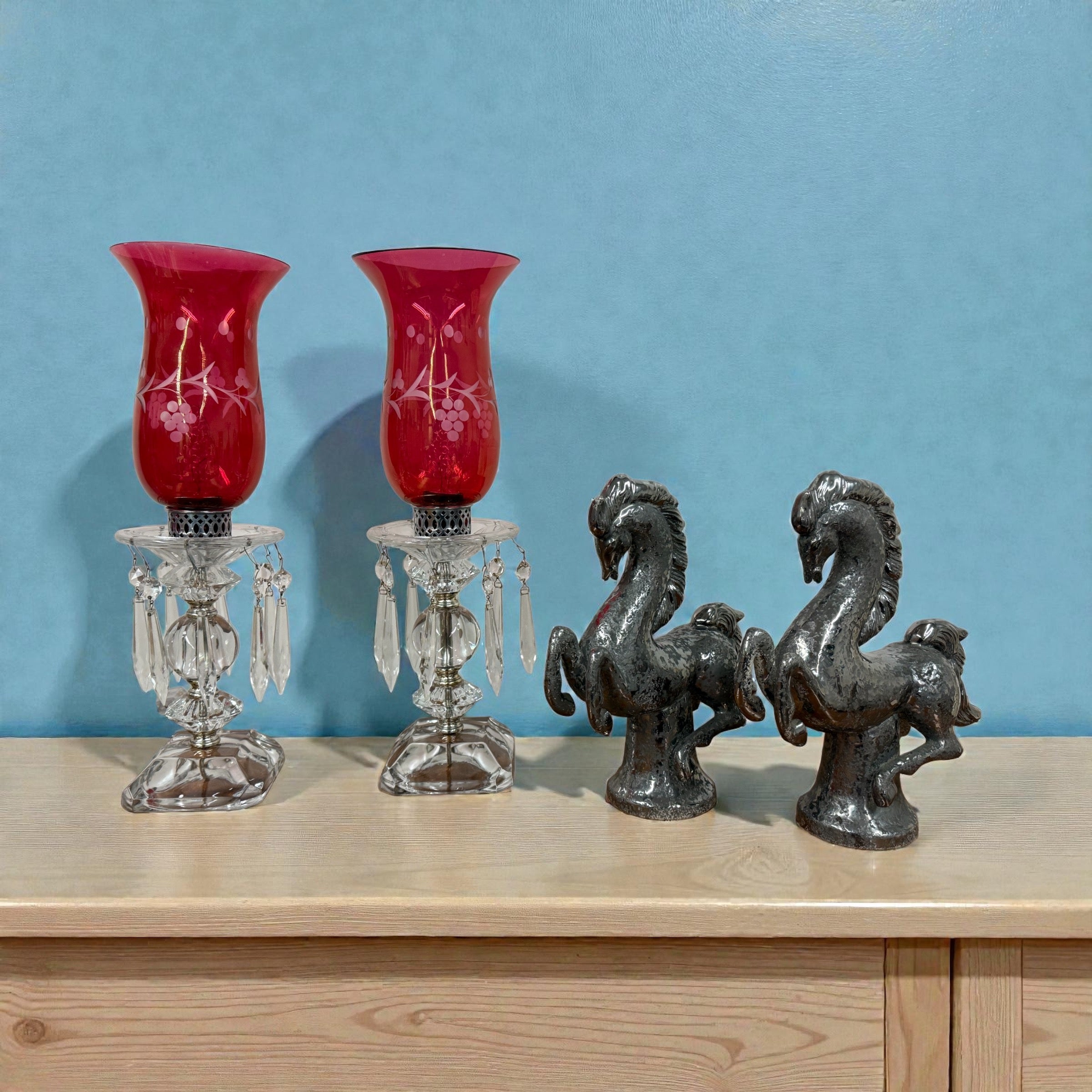 Small Glass Lamps with Cranberry Glass Chimney Shades