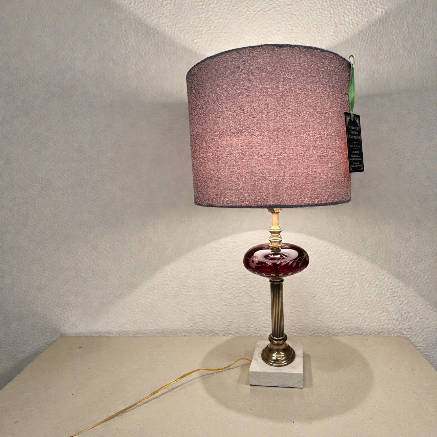 Cranberry Cut to Clear with Floral Pattern Lamp