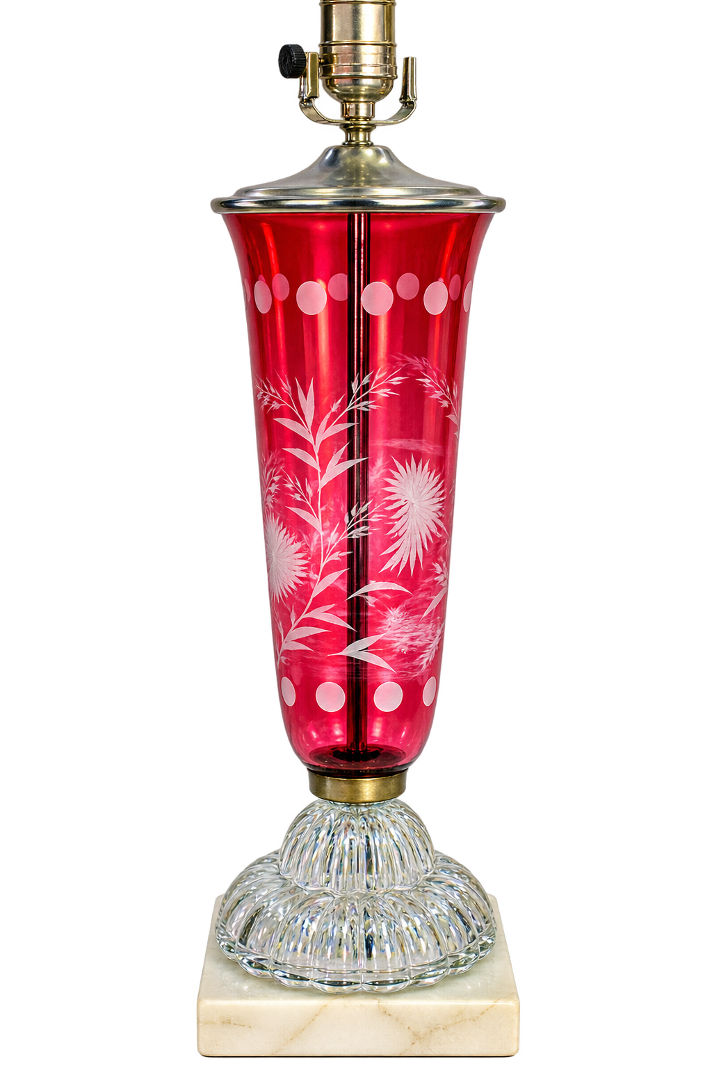 Vintage Cranberry Glass Lamp Etched Floral Glass Marble Base MCM Hollywood Regency Table Lamp Rewired 25.75”