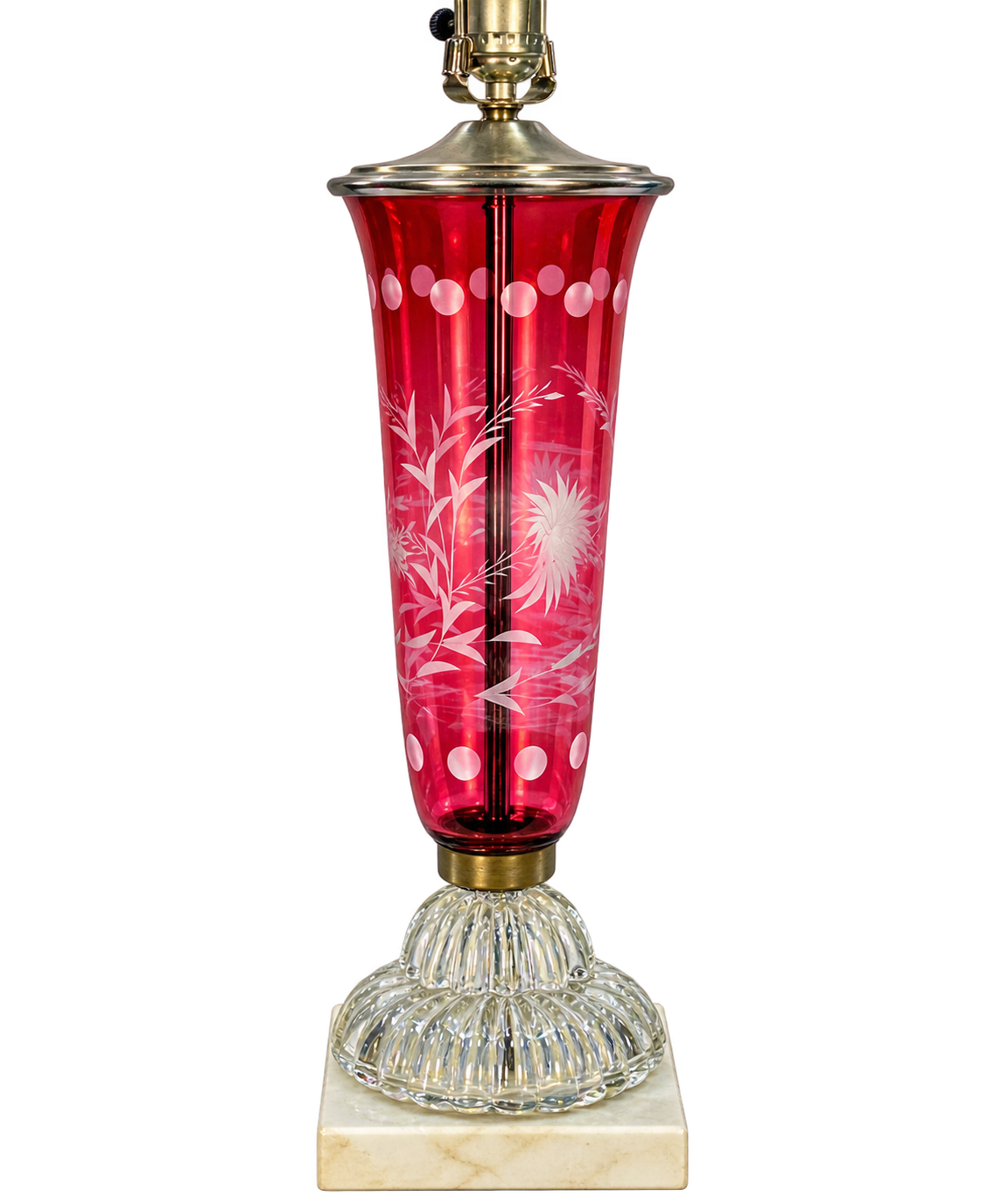 Vintage Cranberry Glass Lamp Etched Floral Glass Marble Base MCM Hollywood Regency Table Lamp Rewired 25.75”