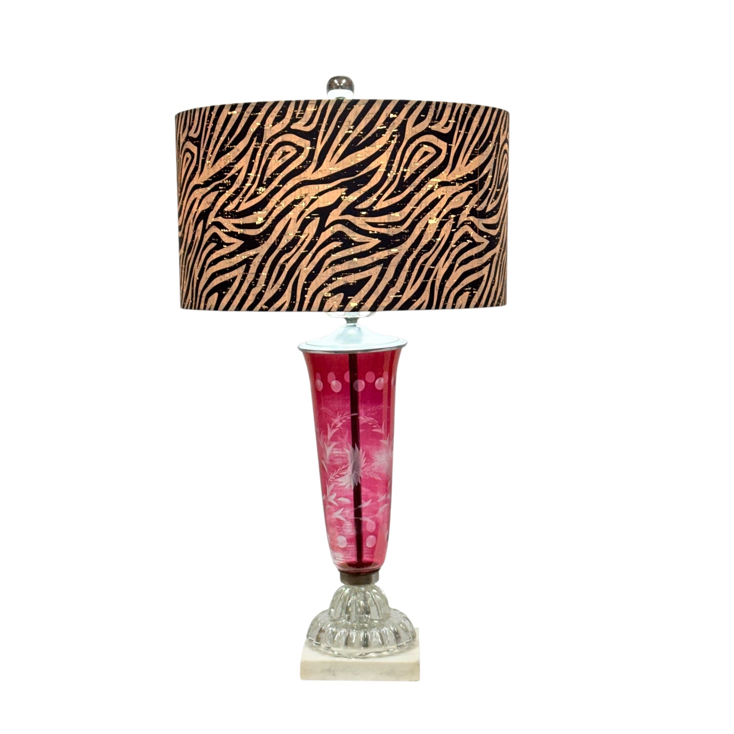 Vintage Cranberry Glass Lamp Etched Floral Glass Marble Base MCM Hollywood Regency Table Lamp Rewired 25.75”