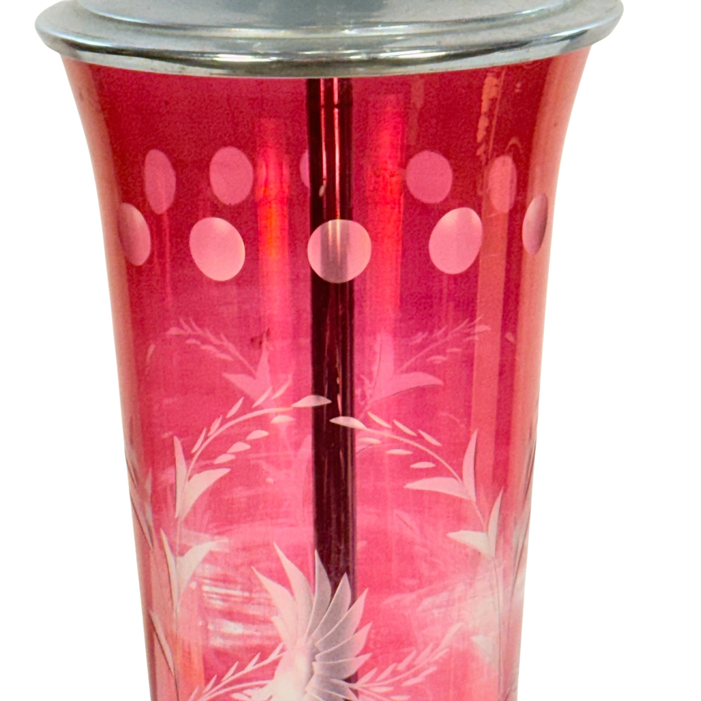 Vintage Cranberry Glass Lamp Etched Floral Glass Marble Base MCM Hollywood Regency Table Lamp Rewired 25.75”