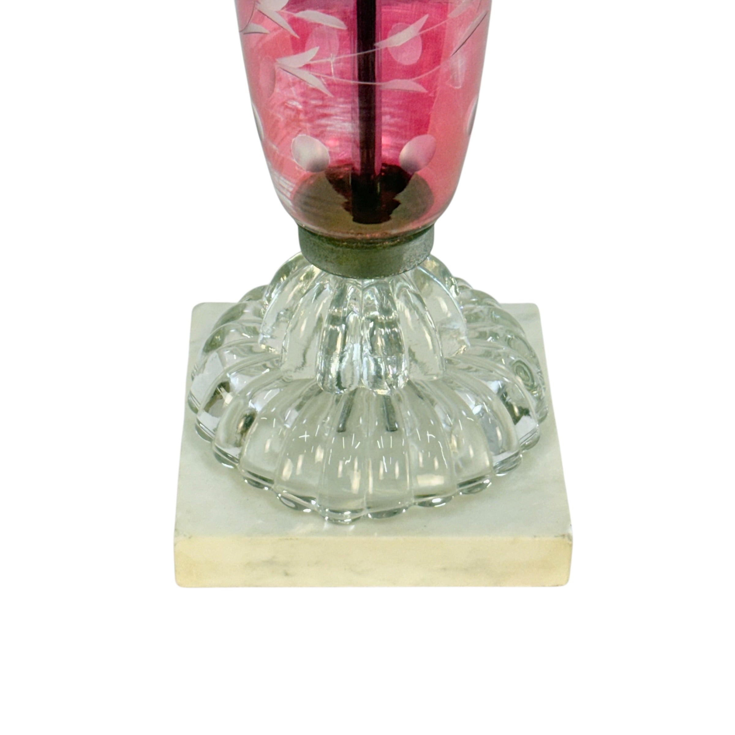 Vintage Cranberry Glass Lamp Etched Floral Glass Marble Base MCM Hollywood Regency Table Lamp Rewired 25.75”