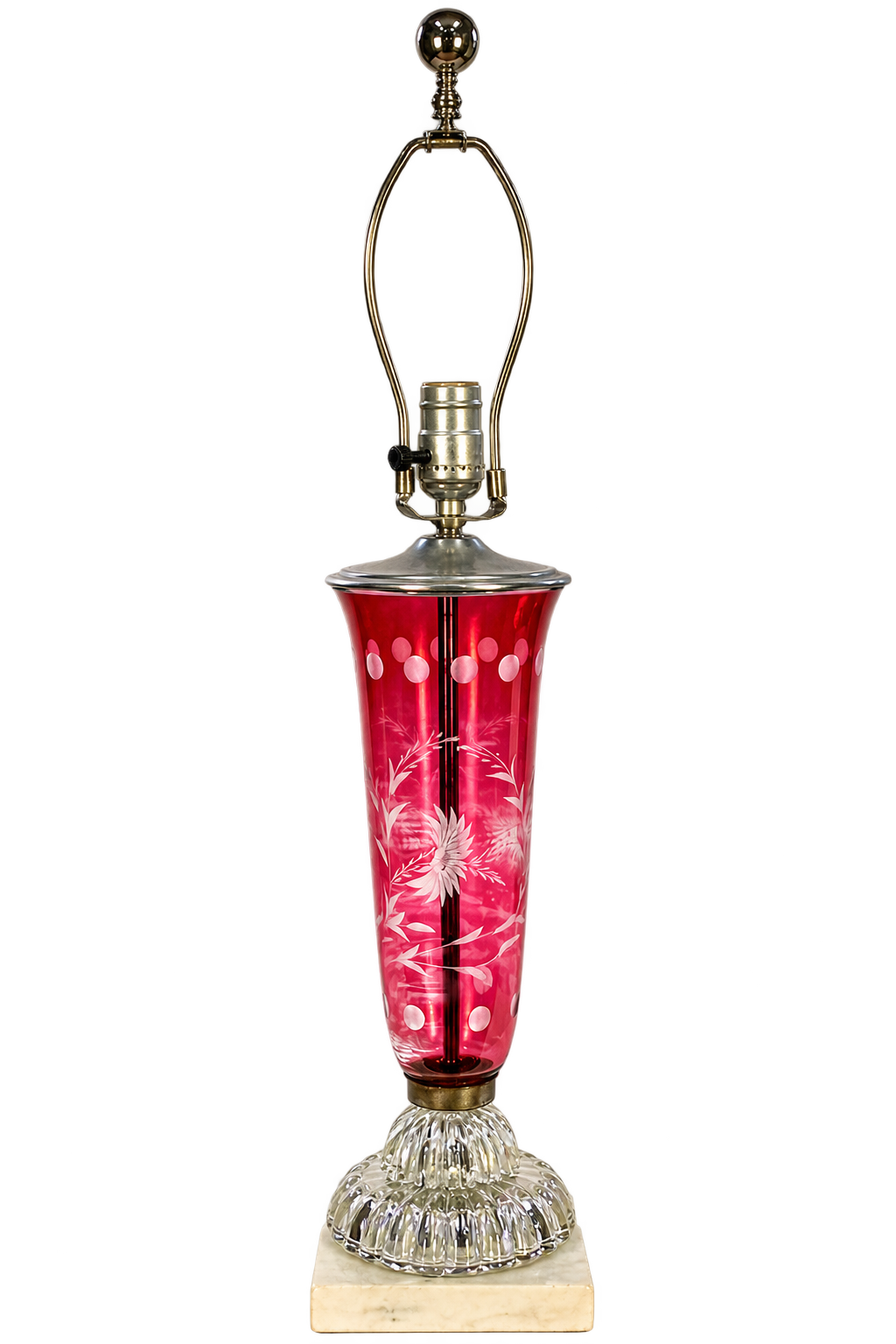Vintage Cranberry Glass Lamp Etched Floral Glass Marble Base MCM Hollywood Regency Table Lamp Rewired 25.75”
