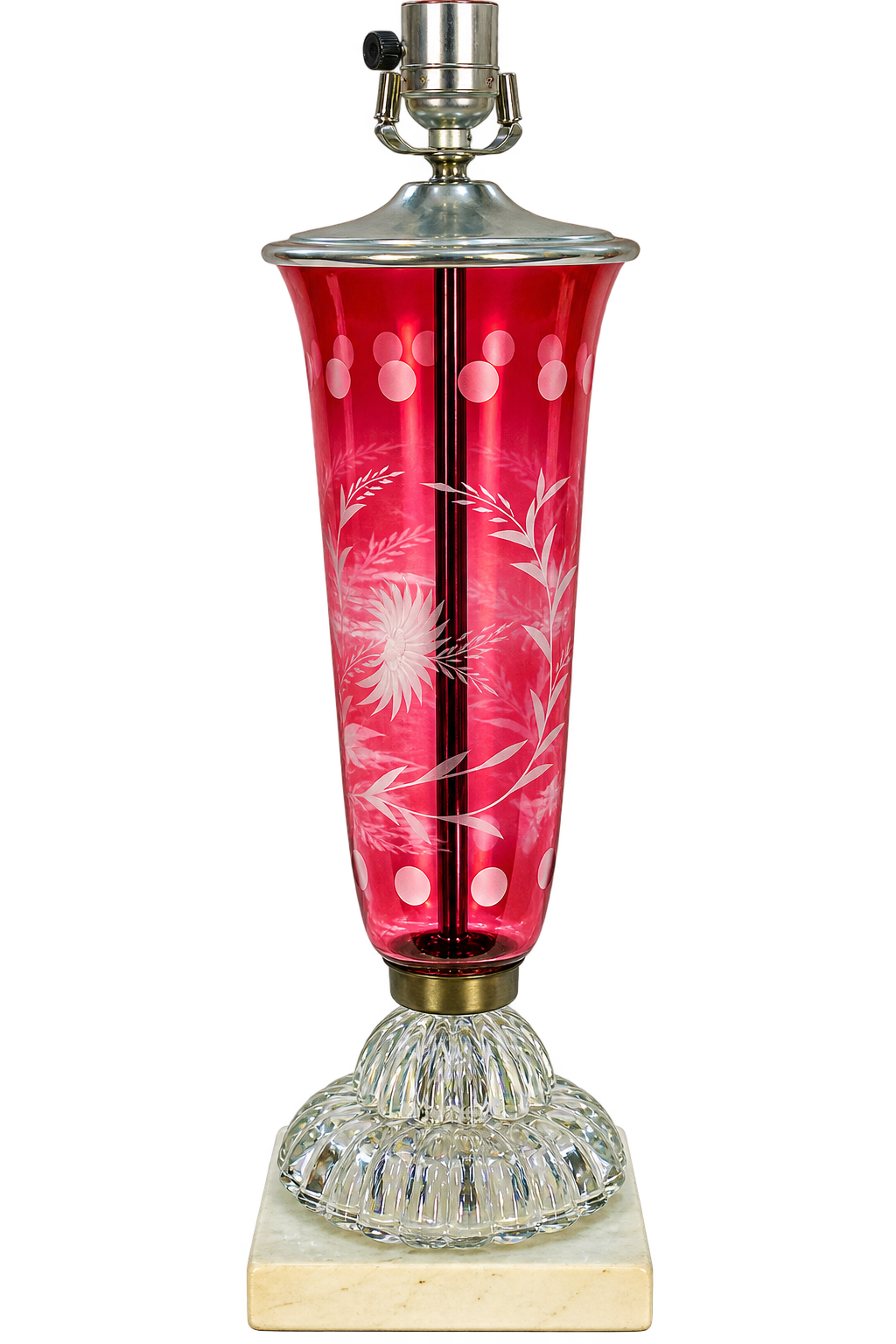 Vintage Cranberry Glass Lamp Etched Floral Glass Marble Base MCM Hollywood Regency Table Lamp Rewired 25.75”