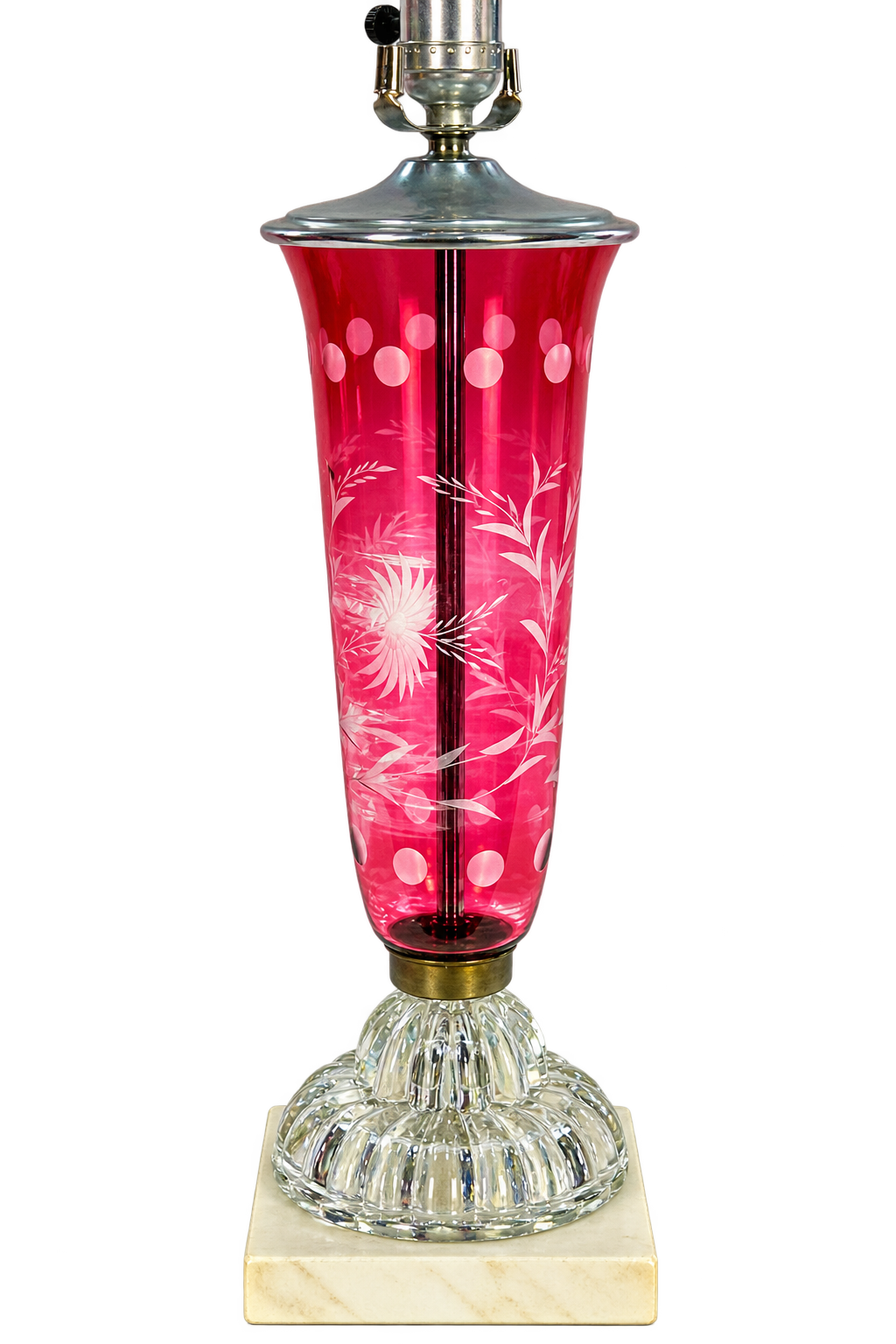 Vintage Cranberry Glass Lamp Etched Floral Glass Marble Base MCM Hollywood Regency Table Lamp Rewired 25.75”
