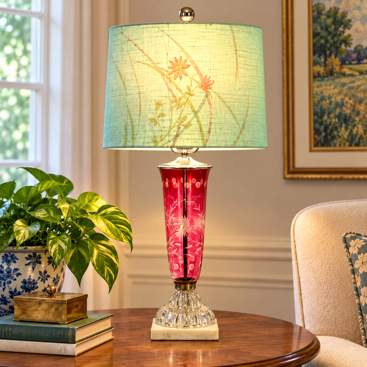 A decorative table lamp with a light green floral drum shade and a glossy pink glass vase-shaped base, shown on a wooden table in a styled living room setting.