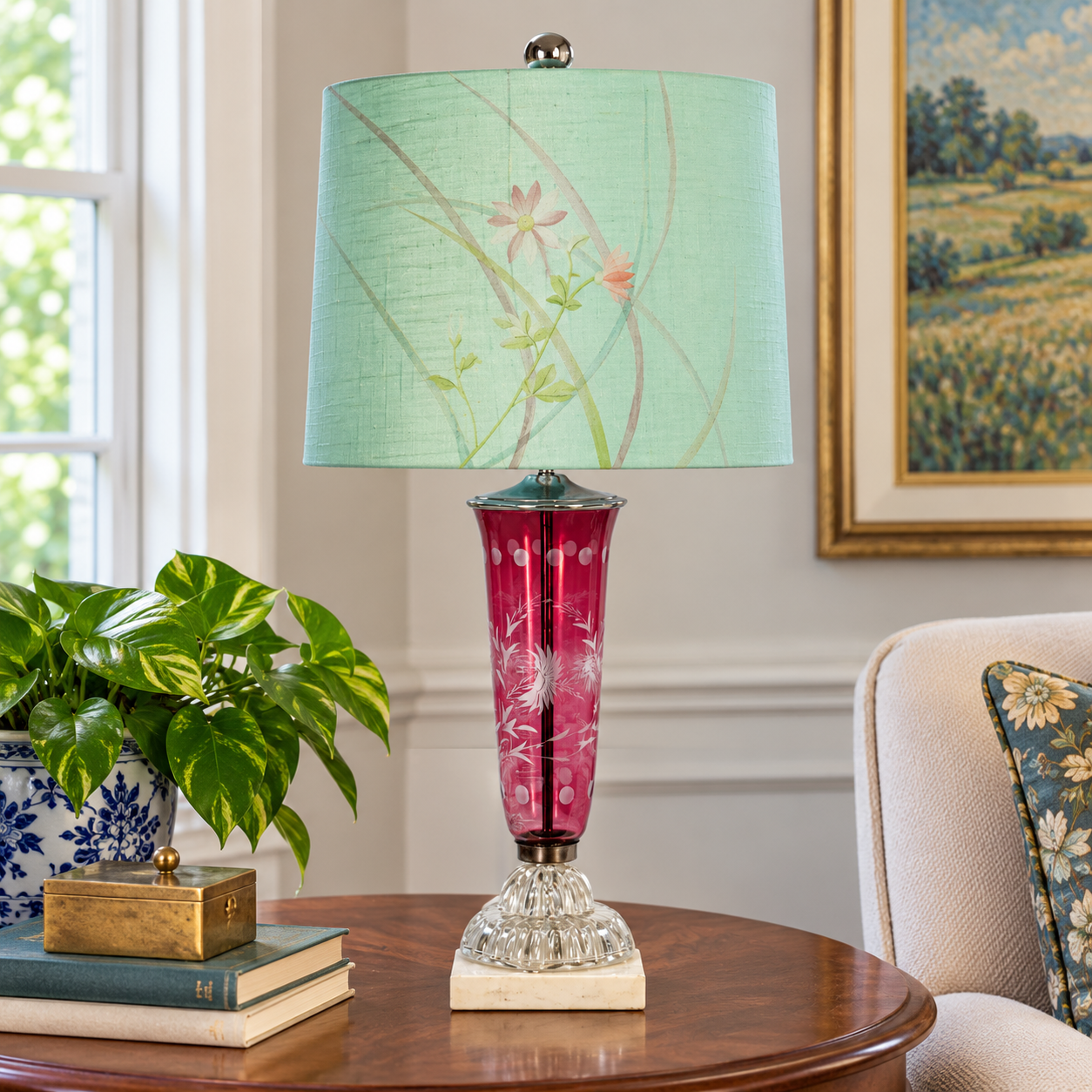 A table lamp with a mint green floral drum shade and a translucent pink glass stem on a crystal base, styled on a wooden table in a living room setting.
