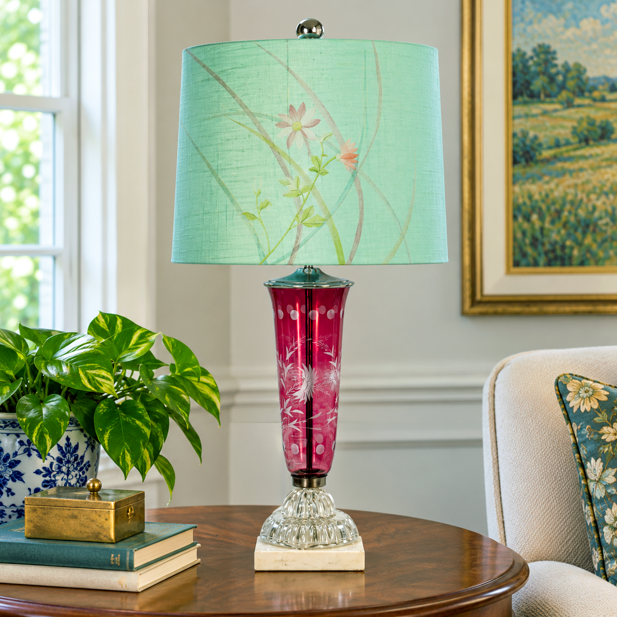 A cranberry glass table lamp with a black and tan zebra-print drum shade, a pink glass vase-style stem, and a clear glass pedestal base on a white background.