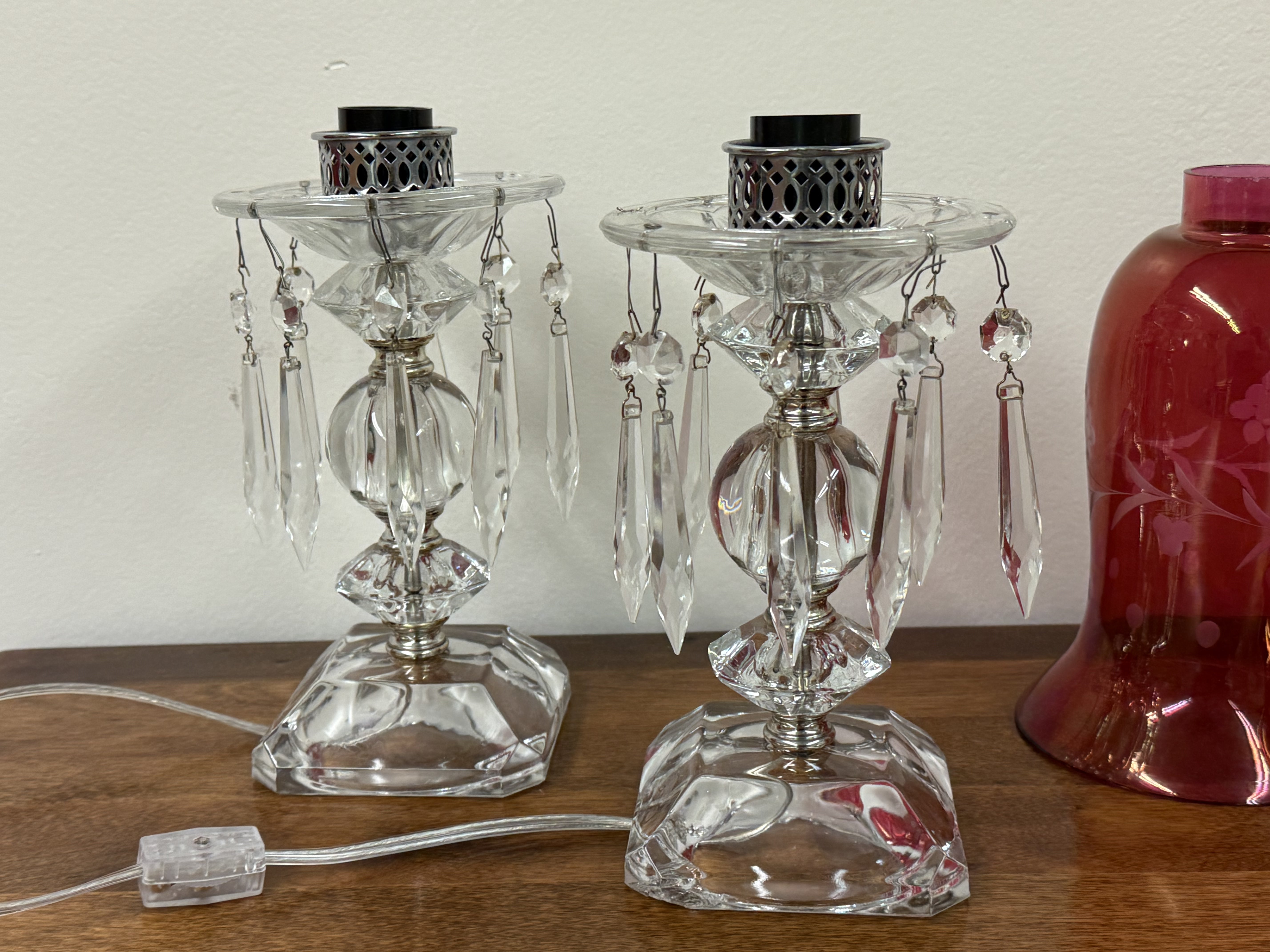 Small Glass Lamps with Cranberry Glass Chimney Shades