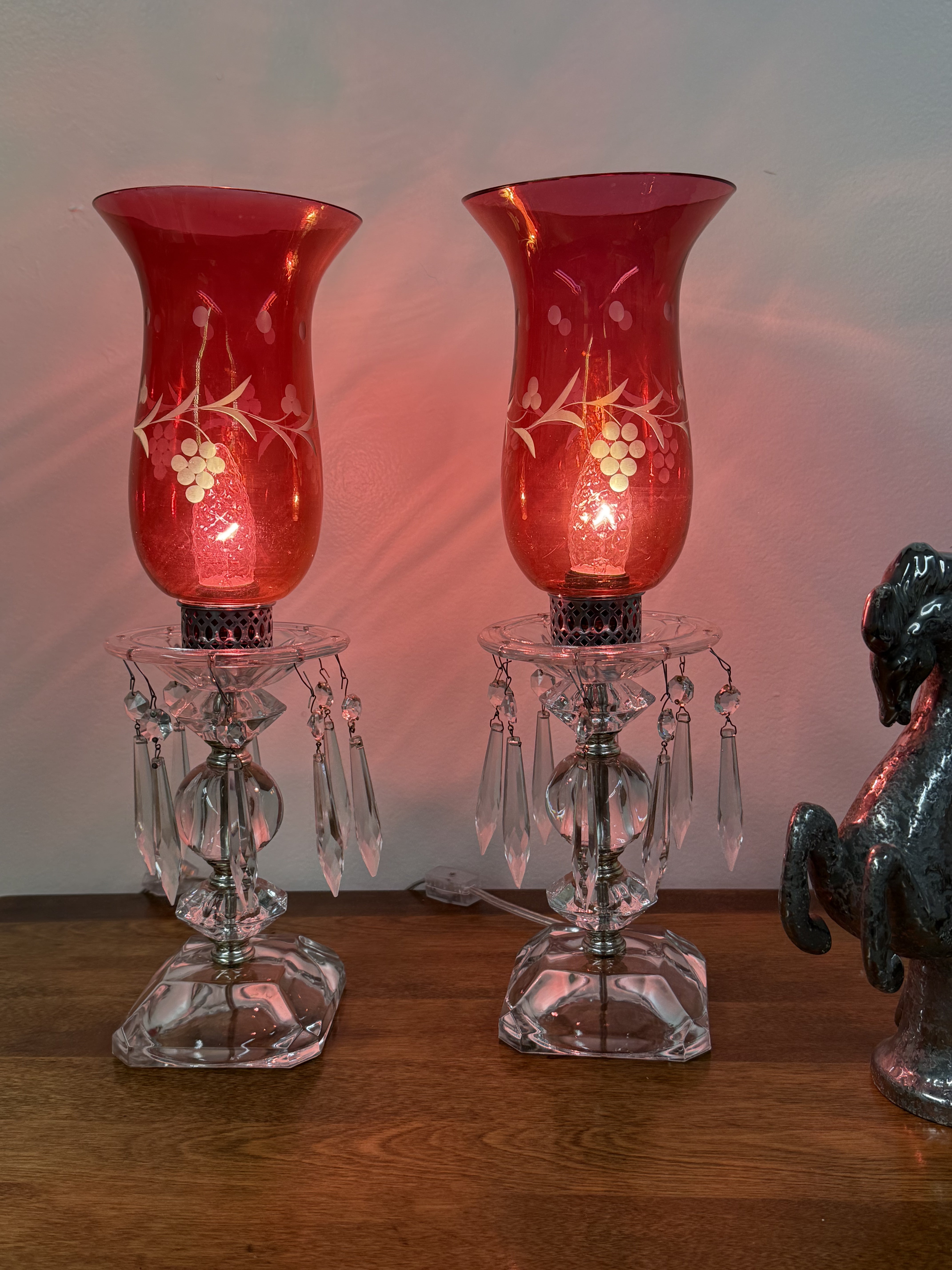 Small Glass Lamps with Cranberry Glass Chimney Shades