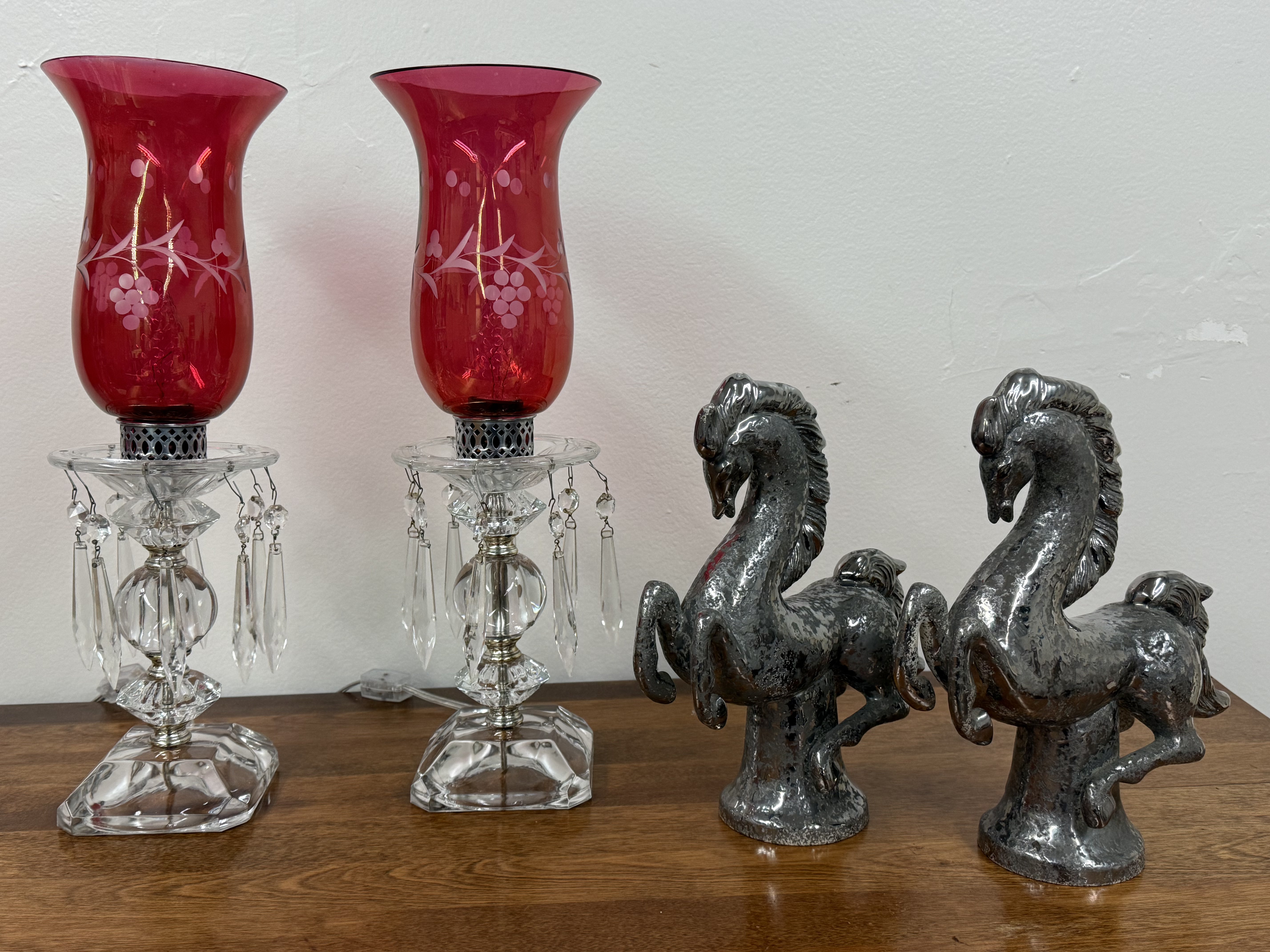 Small Glass Lamps with Cranberry Glass Chimney Shades