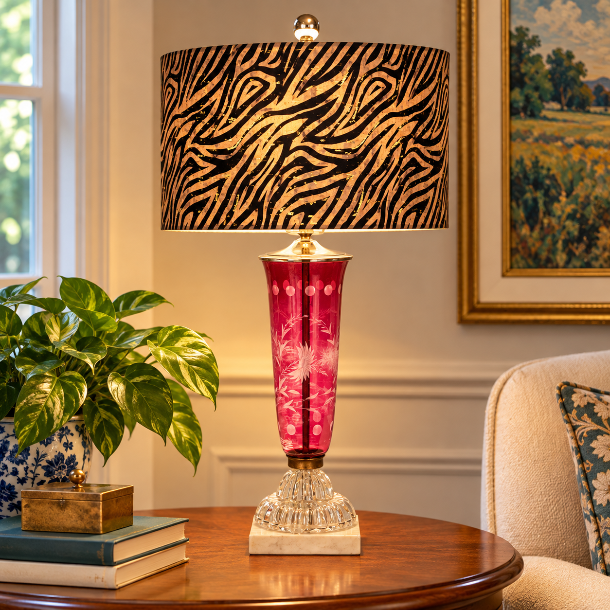 Vintage Cranberry Glass Lamp Etched Floral Glass Marble Base MCM Hollywood Regency Table Lamp Rewired 25.75”