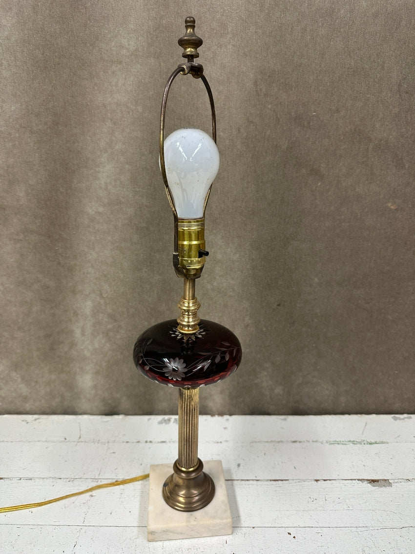 Cranberry Cut to Clear with Floral Pattern Lamp