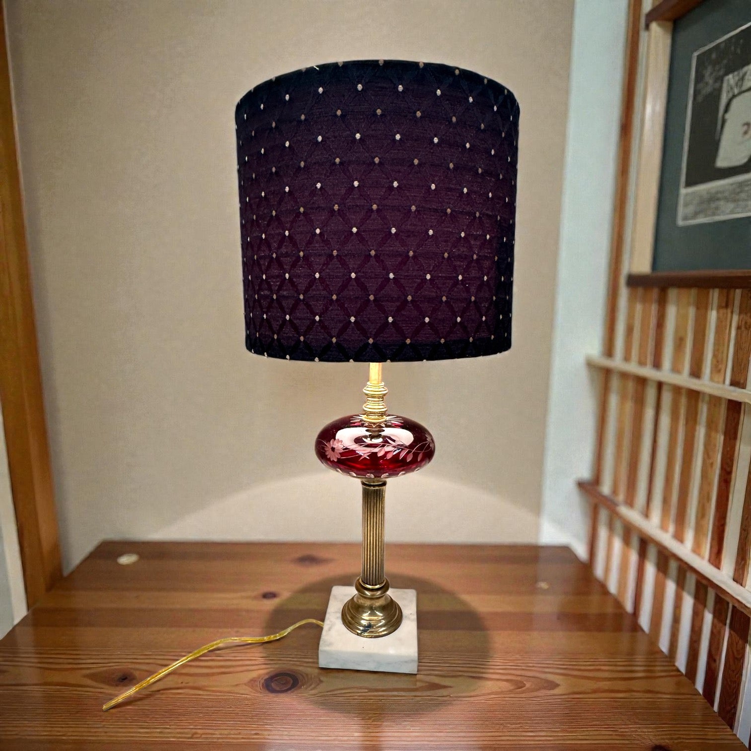 Cranberry Cut to Clear with Floral Pattern Lamp