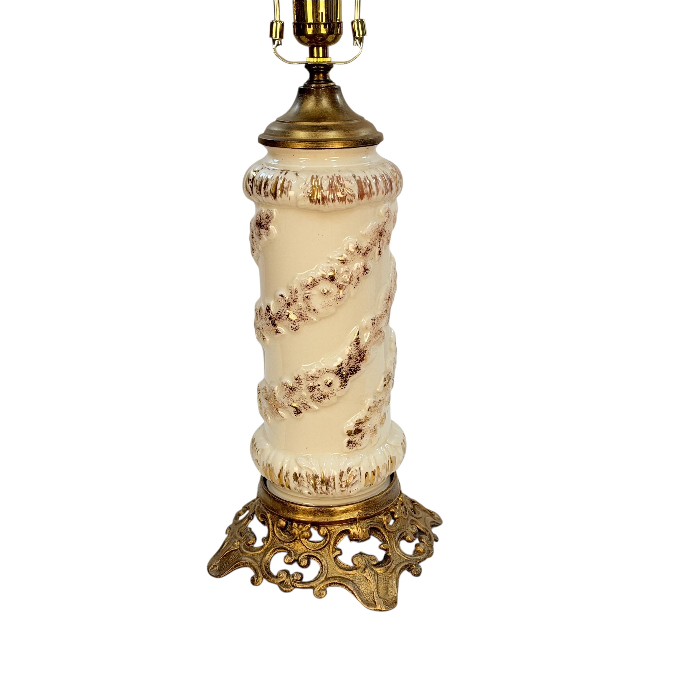 Vintage Cream Ceramic Table Lamp with Gold 3D Floral Spiral Hollywood Regency Ornate Accent Lamp