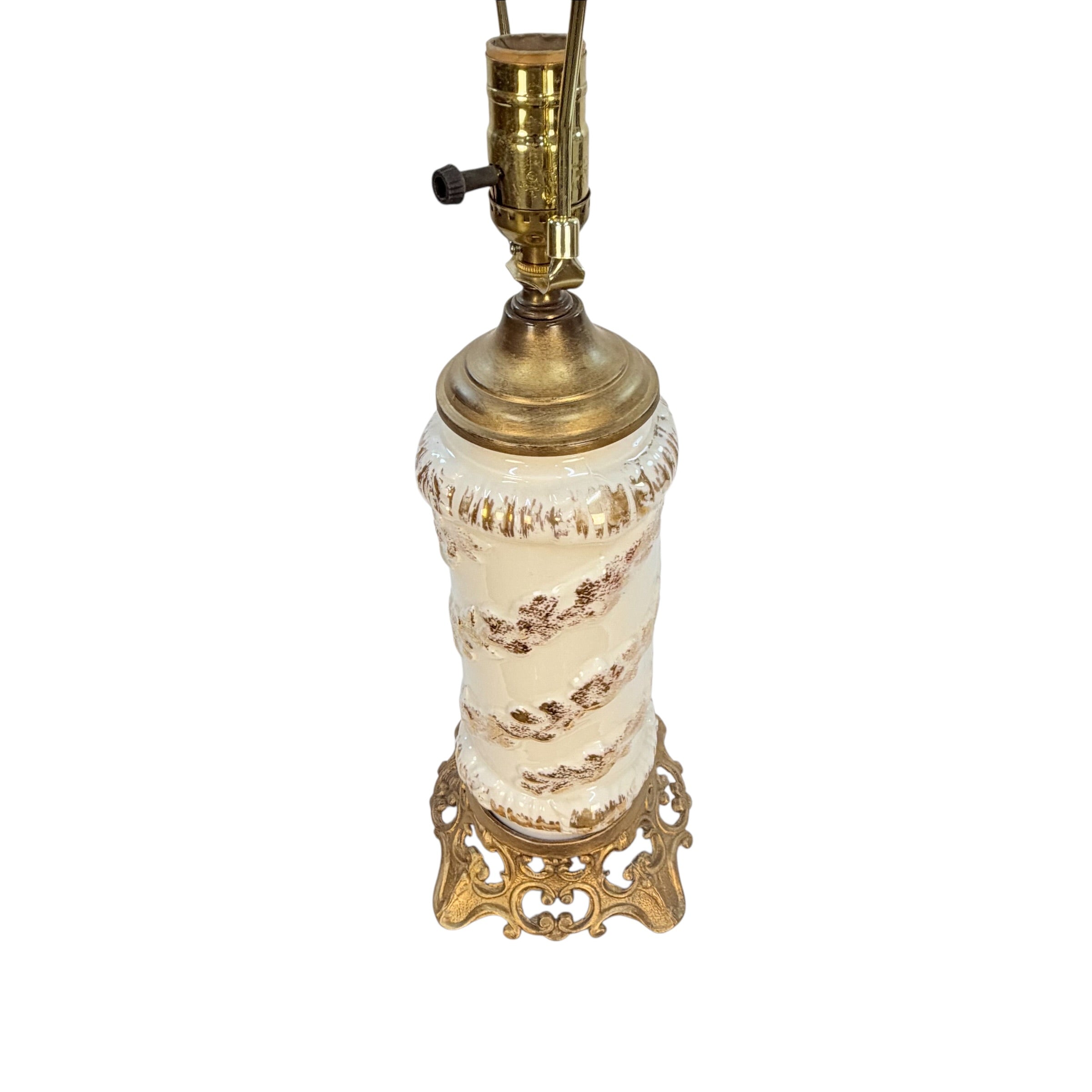 Vintage Cream Ceramic Table Lamp with Gold 3D Floral Spiral Hollywood Regency Ornate Accent Lamp