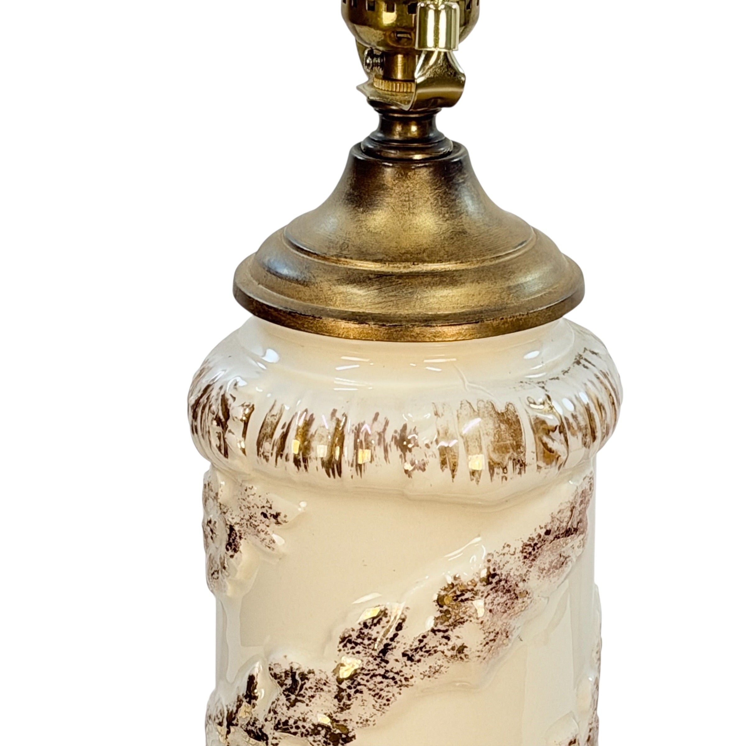 Vintage Cream Ceramic Table Lamp with Gold 3D Floral Spiral Hollywood Regency Ornate Accent Lamp