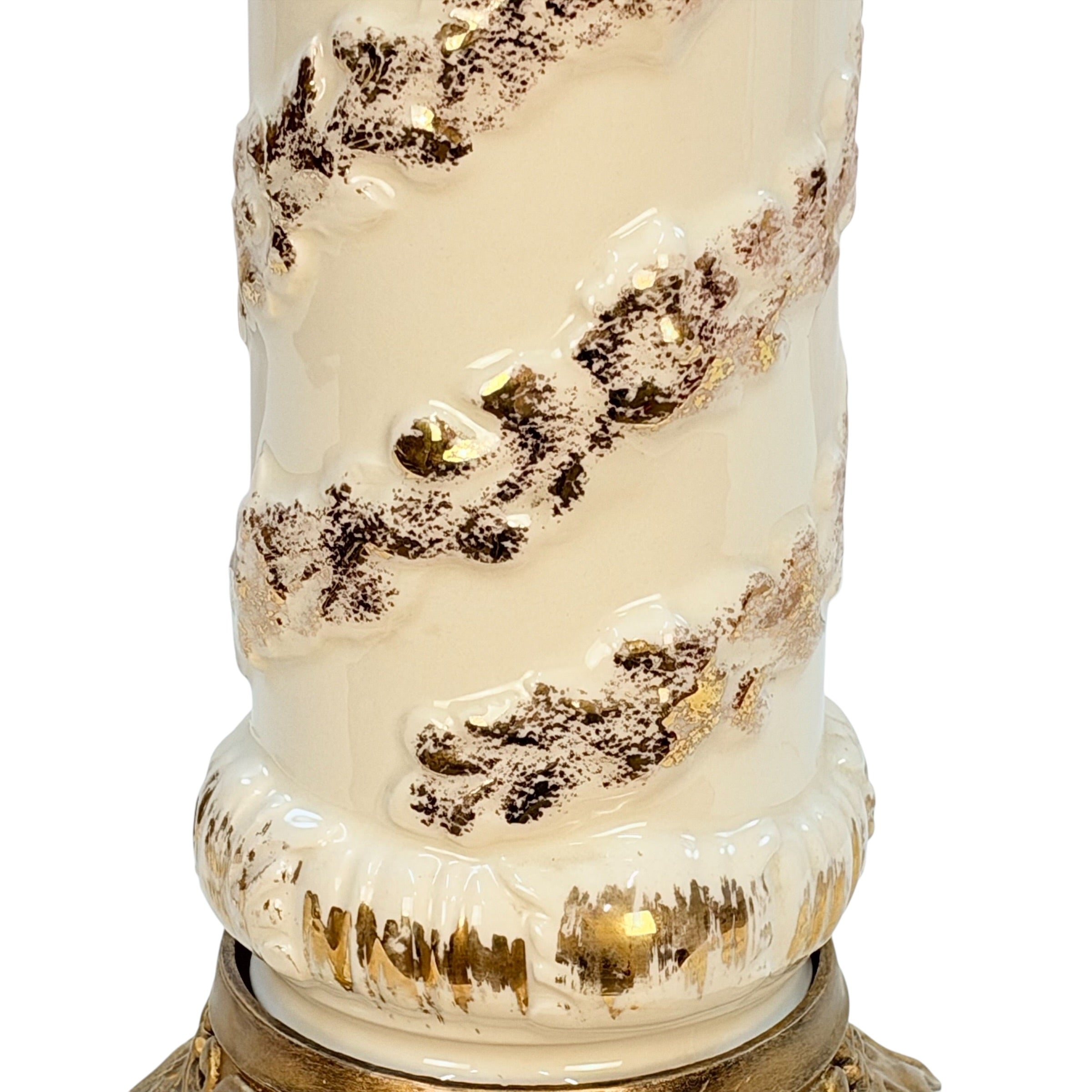 Vintage Cream Ceramic Table Lamp with Gold 3D Floral Spiral Hollywood Regency Ornate Accent Lamp