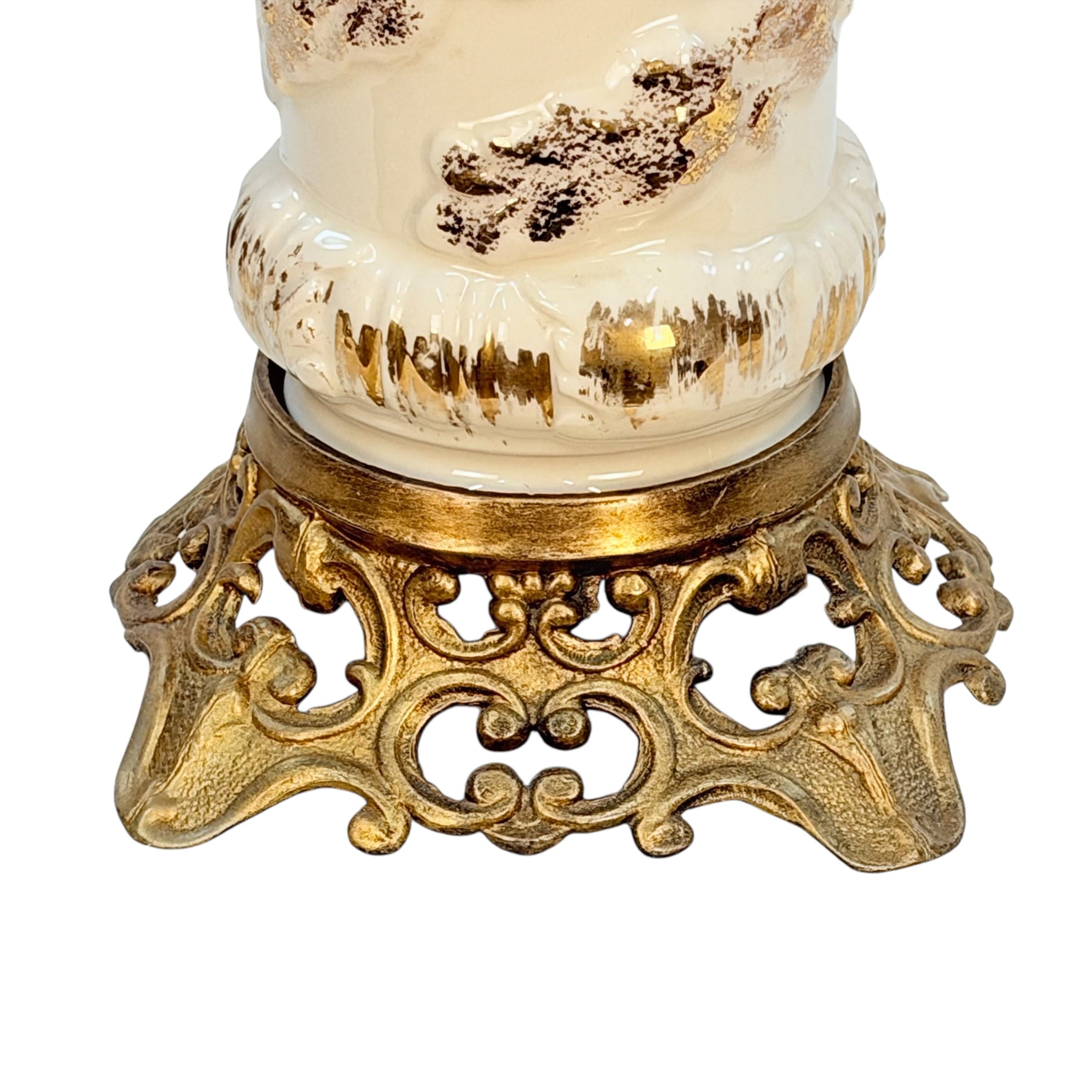 Vintage Cream Ceramic Table Lamp with Gold 3D Floral Spiral Hollywood Regency Ornate Accent Lamp