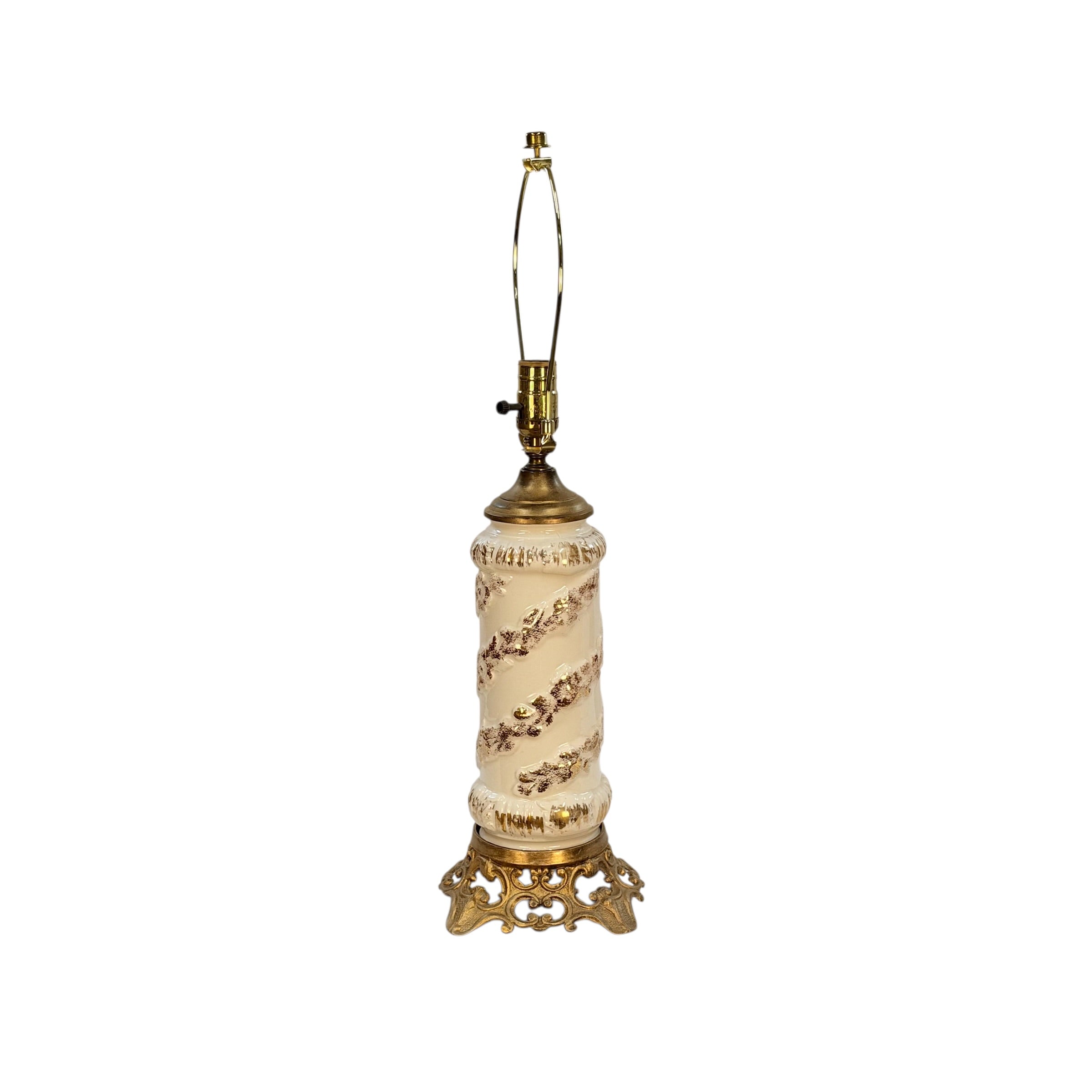 Vintage Cream Ceramic Table Lamp with Gold 3D Floral Spiral Hollywood Regency Ornate Accent Lamp