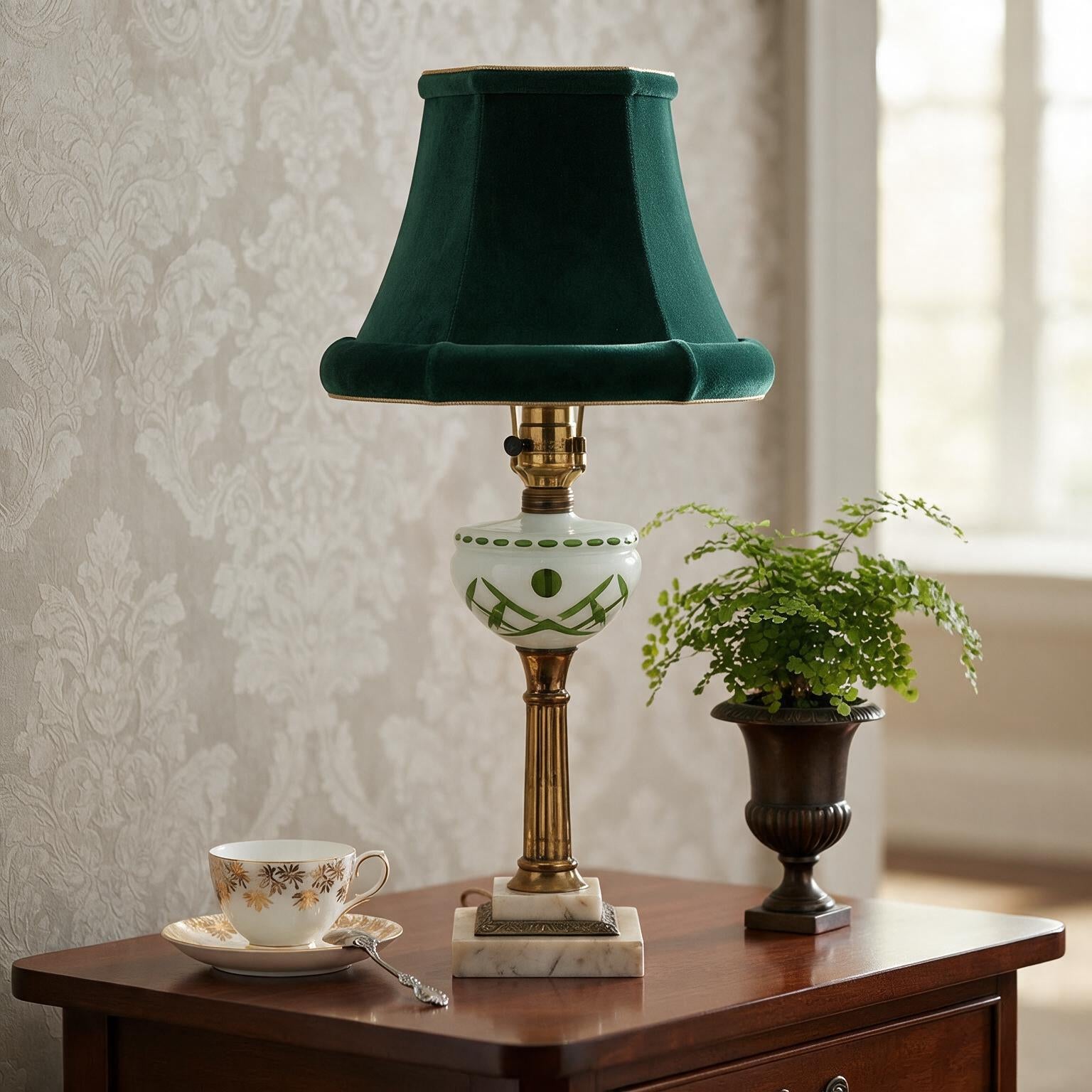 Vintage Czech Green Cut to Clear Glass Table Lamp | Brass &amp; Marble Accent Lamp | Bohemian Glass Lighting