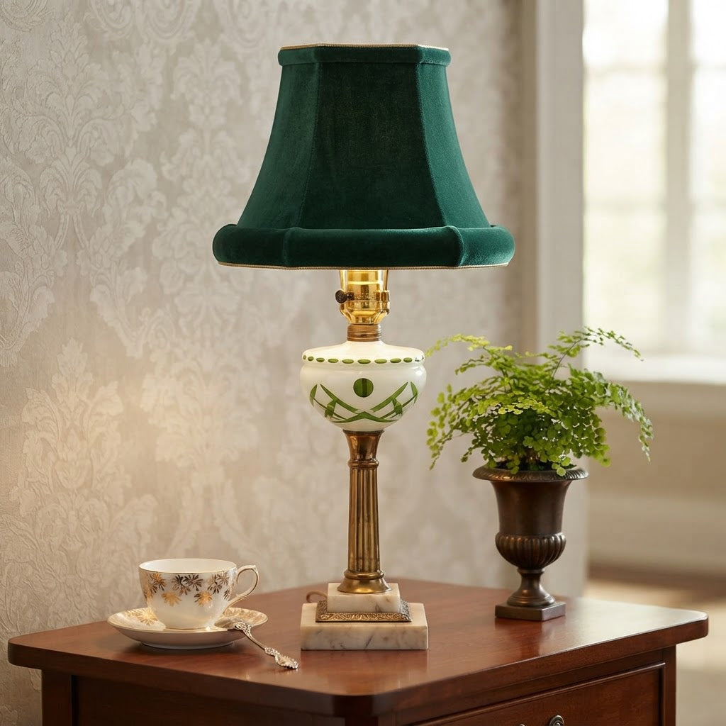Vintage Czech Green Cut to Clear Glass Table Lamp | Brass &amp; Marble Accent Lamp | Bohemian Glass Lighting