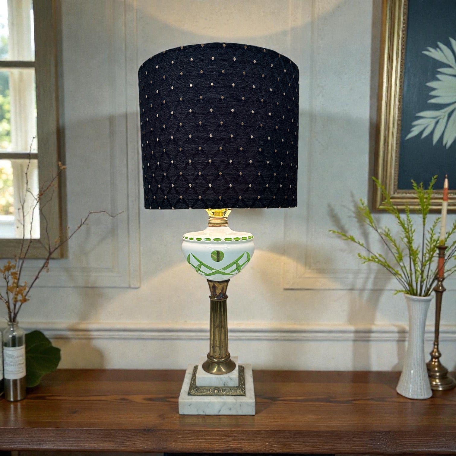 Emerald Green and White Bohemian Czech Cut Glass Lamp