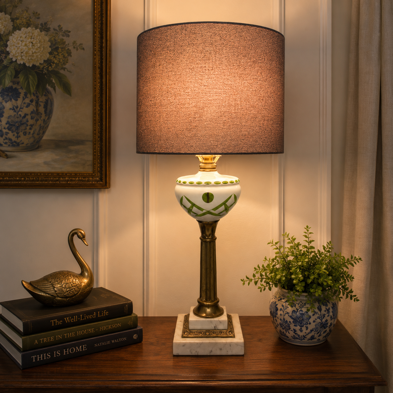 Vintage Czech Green Cut to Clear Glass Table Lamp | Brass &amp; Marble Accent Lamp | Bohemian Glass Lighting