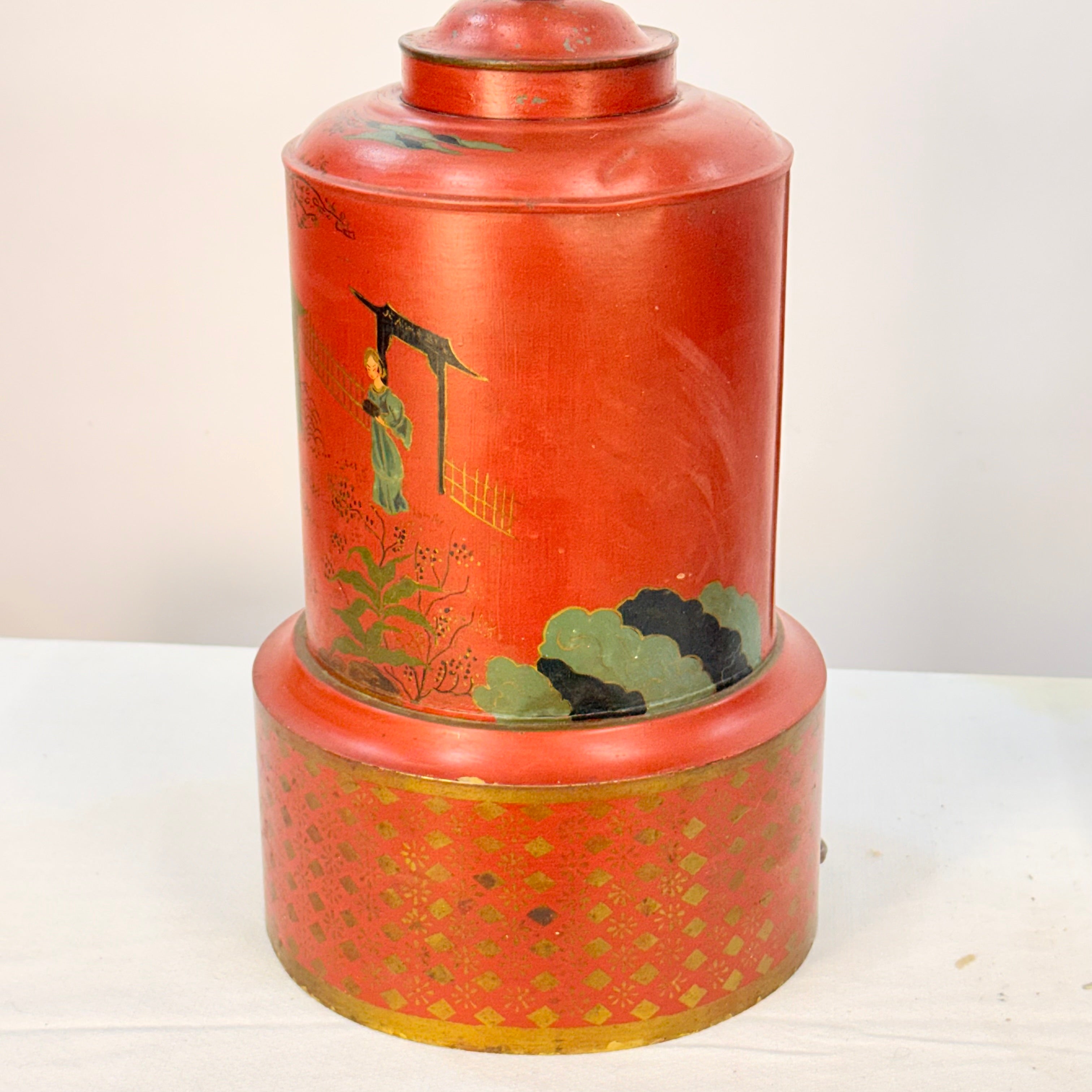 Pair of Large Hand Painted Japanese Market Scene Lamps
