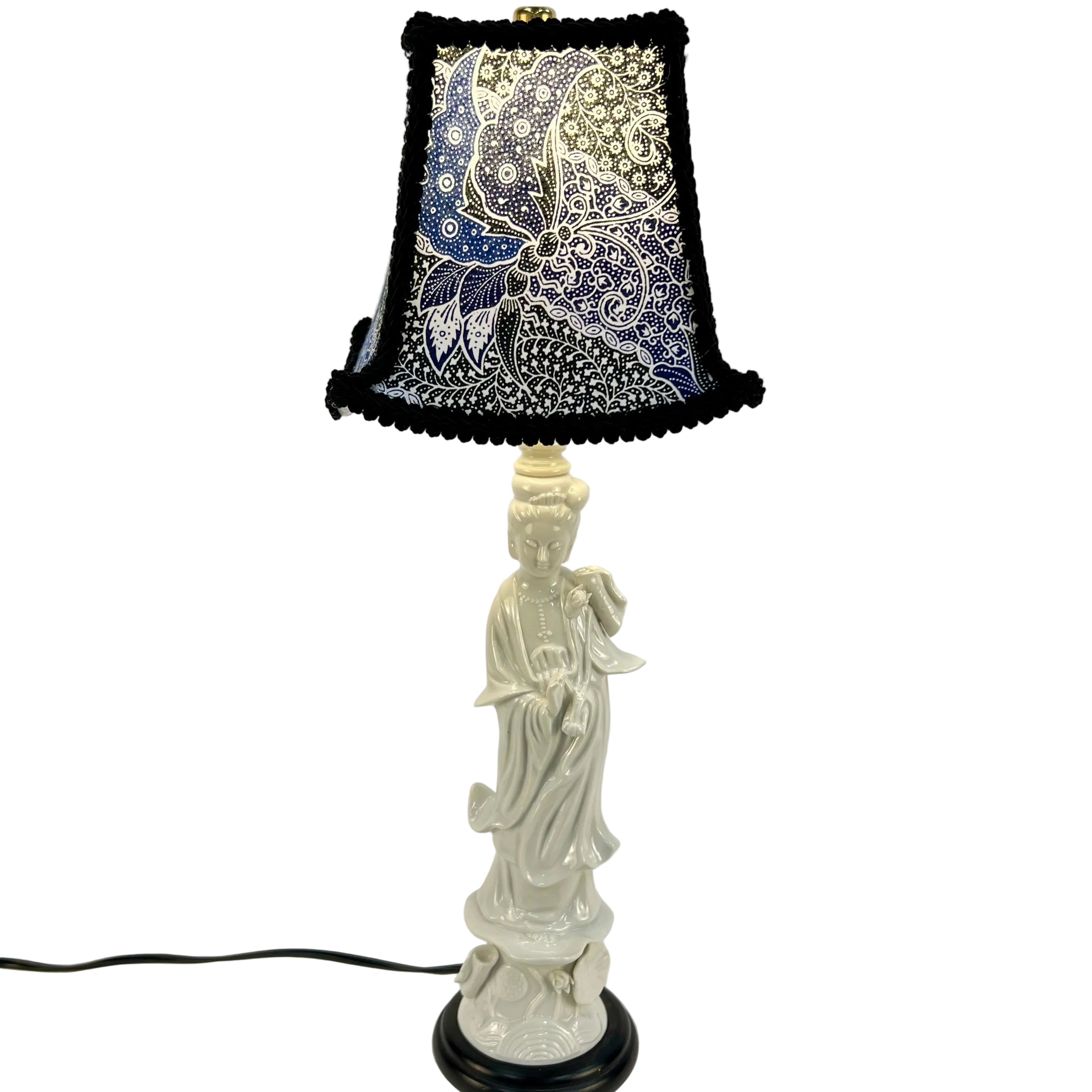 Vintage Blanc de Chine Guan Yin Table Lamp with Custom Handmade Blue & White Lampshade Included | Asian Ceramic Goddess Lamp | Chinoiserie Decor