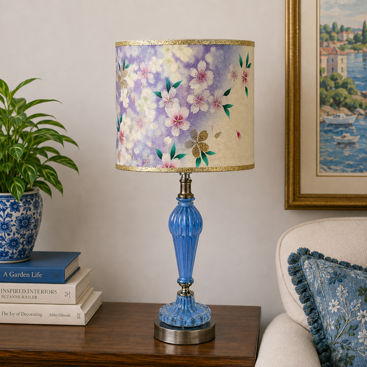 A table lamp with a blue glass pedestal base and a cylindrical drum shade featuring a floral print in lavender, pink, and cream with gold trim, styled on a wooden side table in a living room setting.