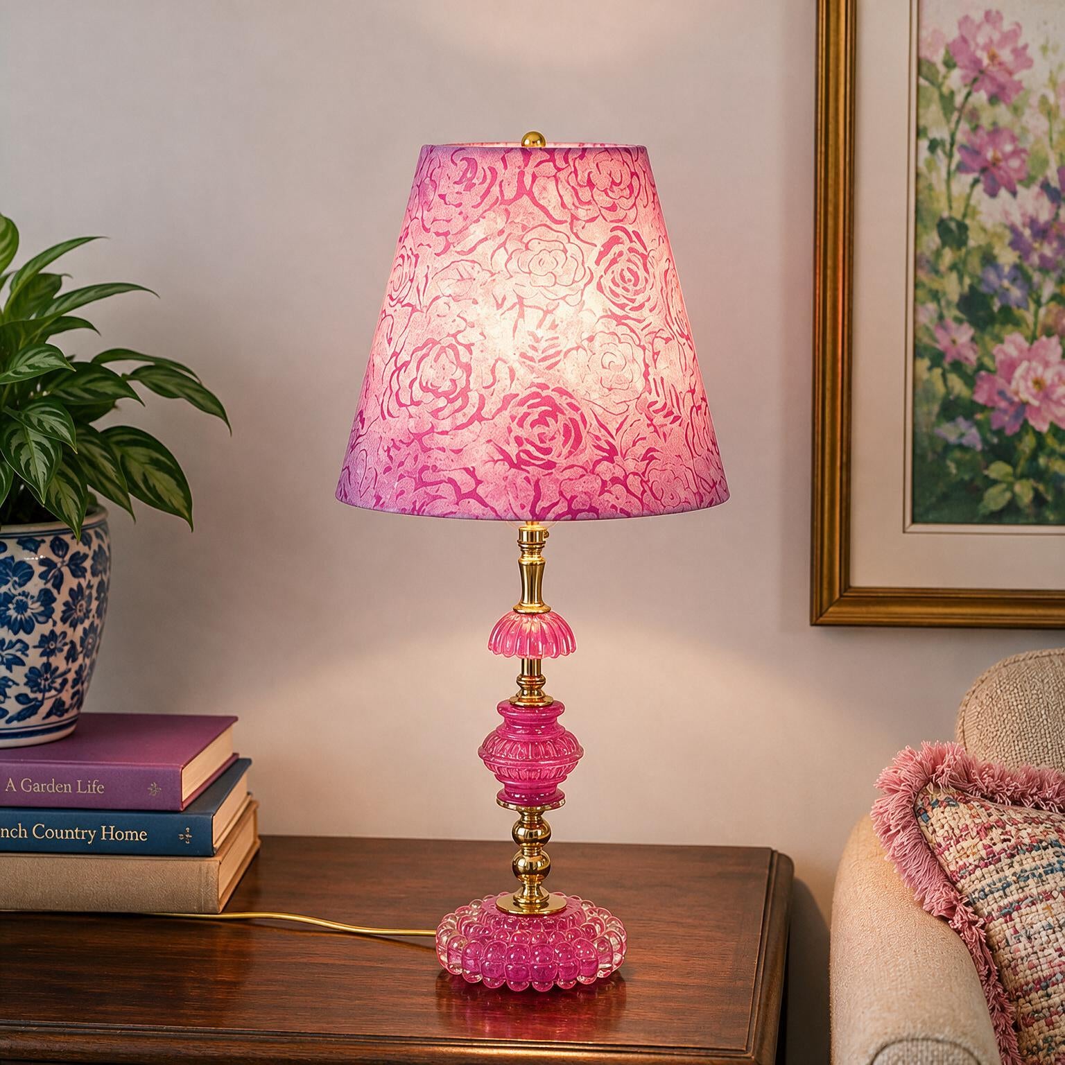 Delphine Hand Painted Pink Glass Table Lamp – Vintage Upcycled Glass Lamp | Brass Accent Lamp – Maximalist Eclectic Lighting – Delphine