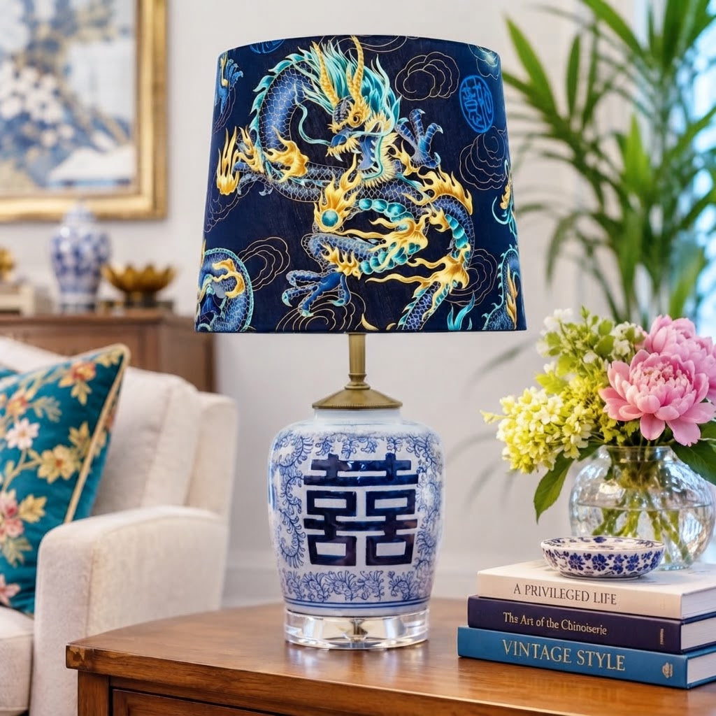 Vintage Double Happiness Ginger Jar Lamp | Blue &amp; White Chinese Style Table Lamp | Custom Built Asian Decor Lighting