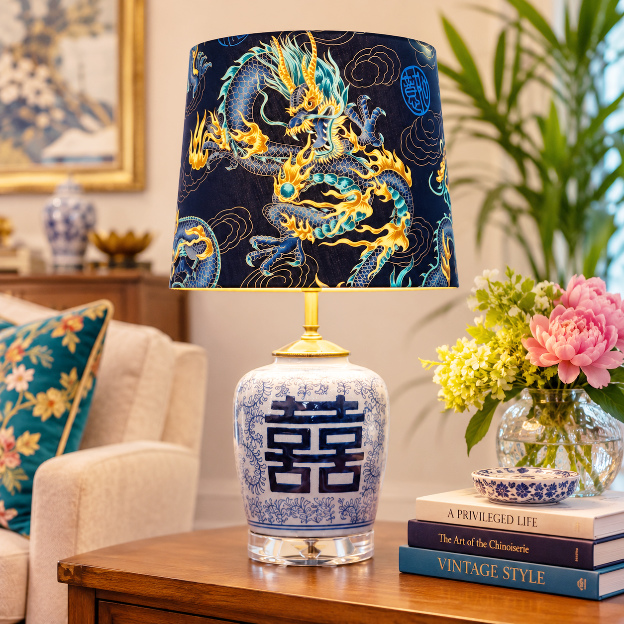 Vintage Double Happiness Ginger Jar Lamp | Blue &amp; White Chinese Style Table Lamp | Custom Built Asian Decor Lighting