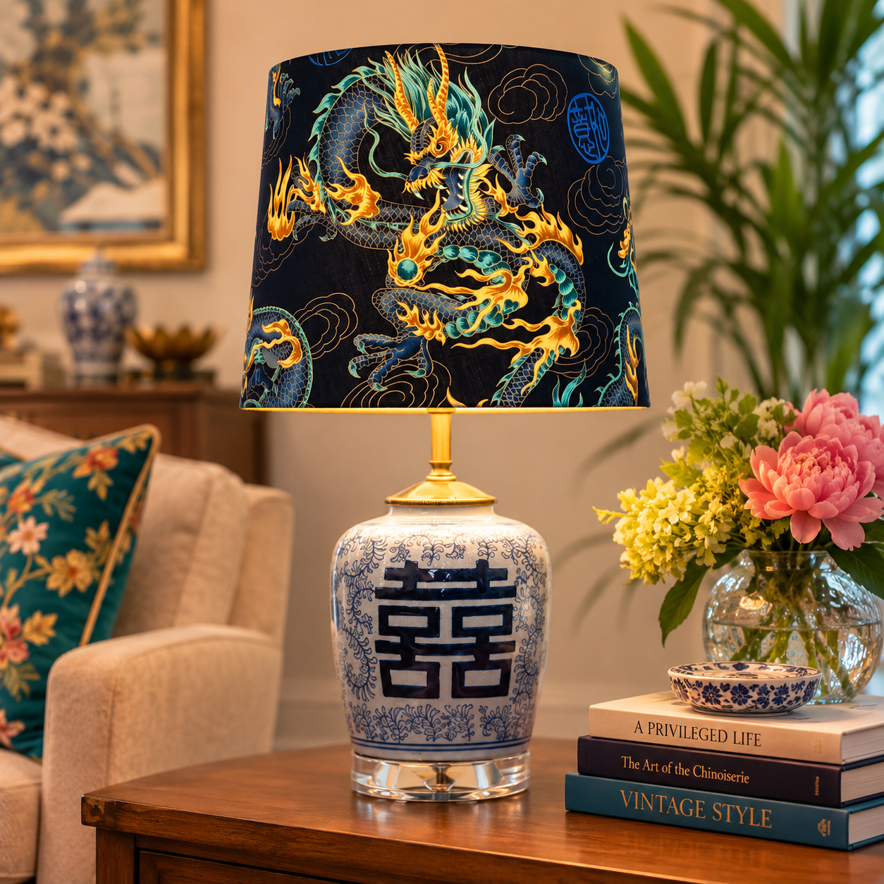A decorative table lamp with a black drum shade featuring a blue and gold dragon design, and a blue-and-white porcelain-style base with a large double happiness symbol, shown on a wooden table in a styled living room setting.