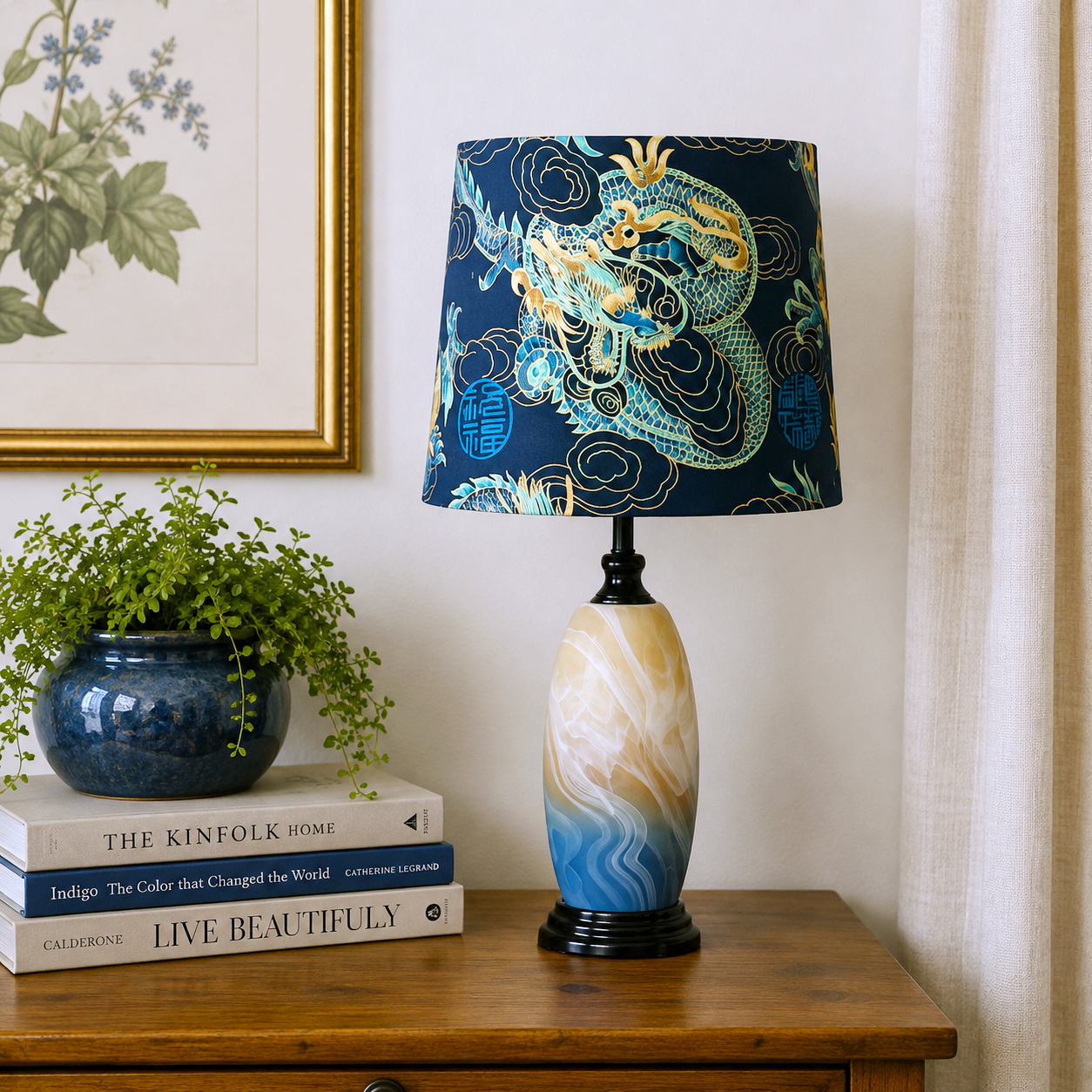 Medium Empire Lampshade | Japanese Dragon Cotton Shade | Navy Blue, Aqua & Gold Metallic | Handmade Empire Lamp Shade | Asian Decor