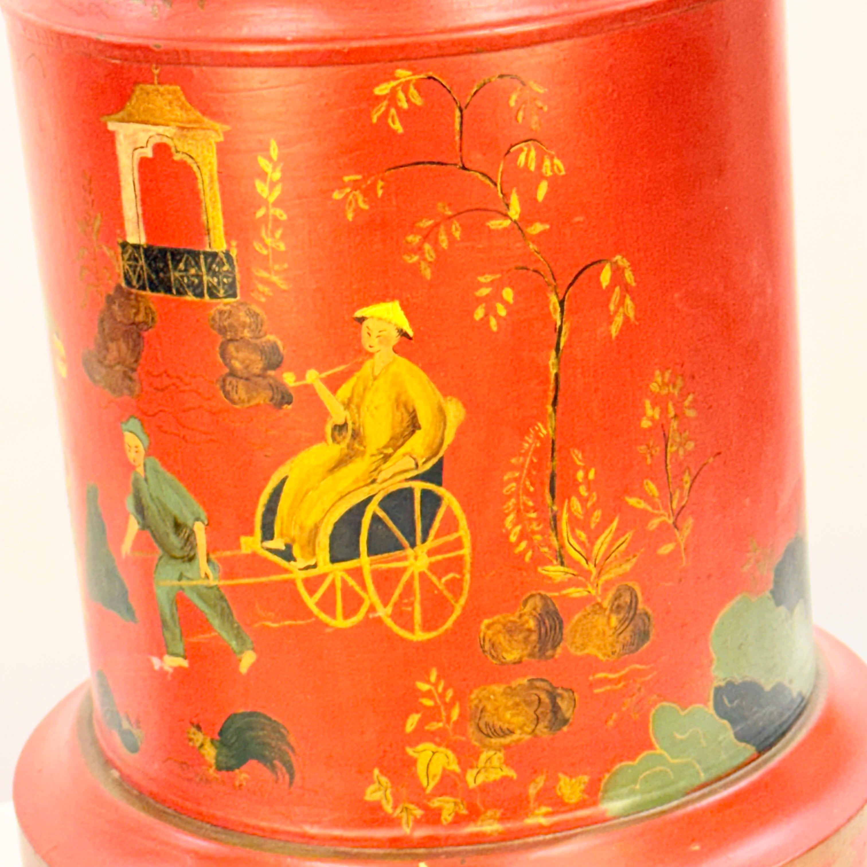 Pair of Large Hand Painted Japanese Market Scene Lamps